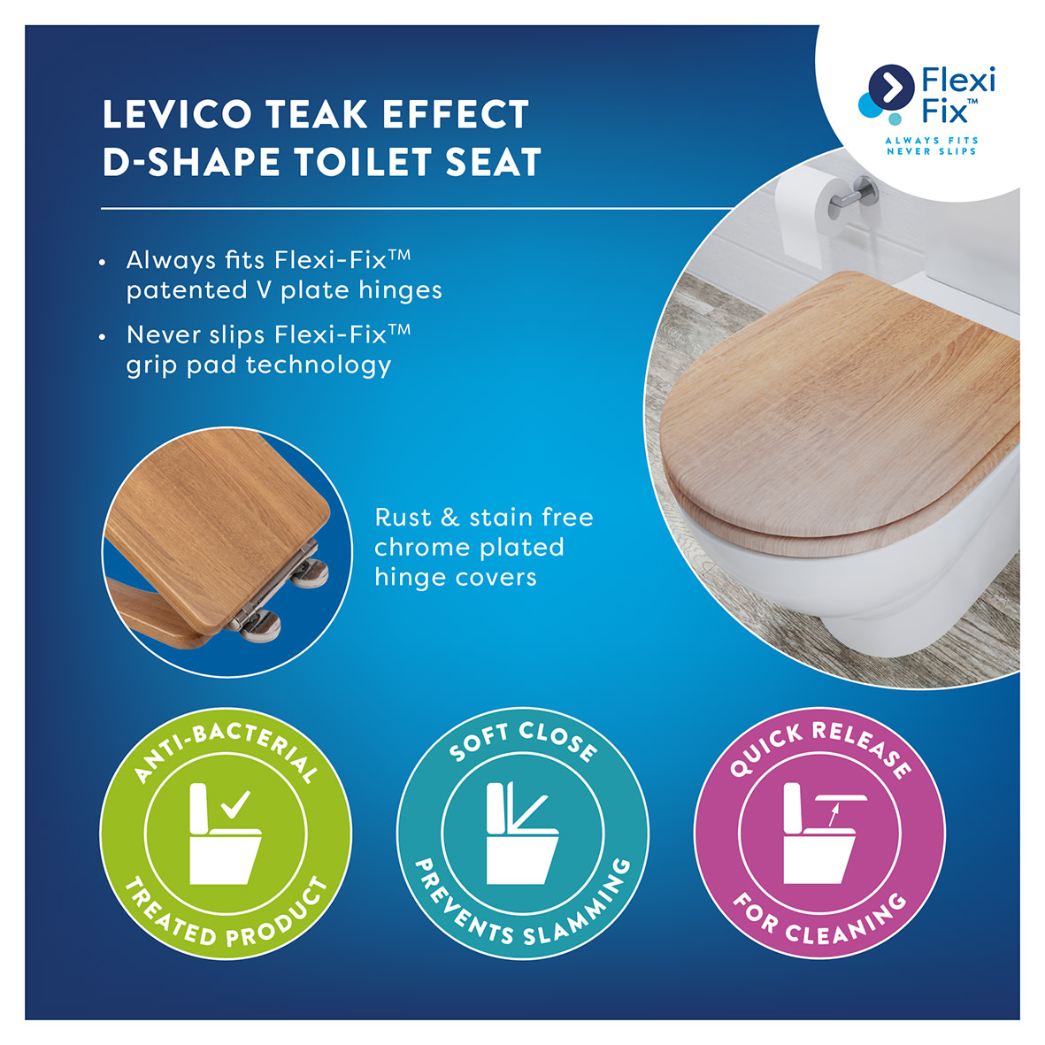 Levico Flexi-Fix Soft Close Wooden Toilet Seat - Teak - view 5