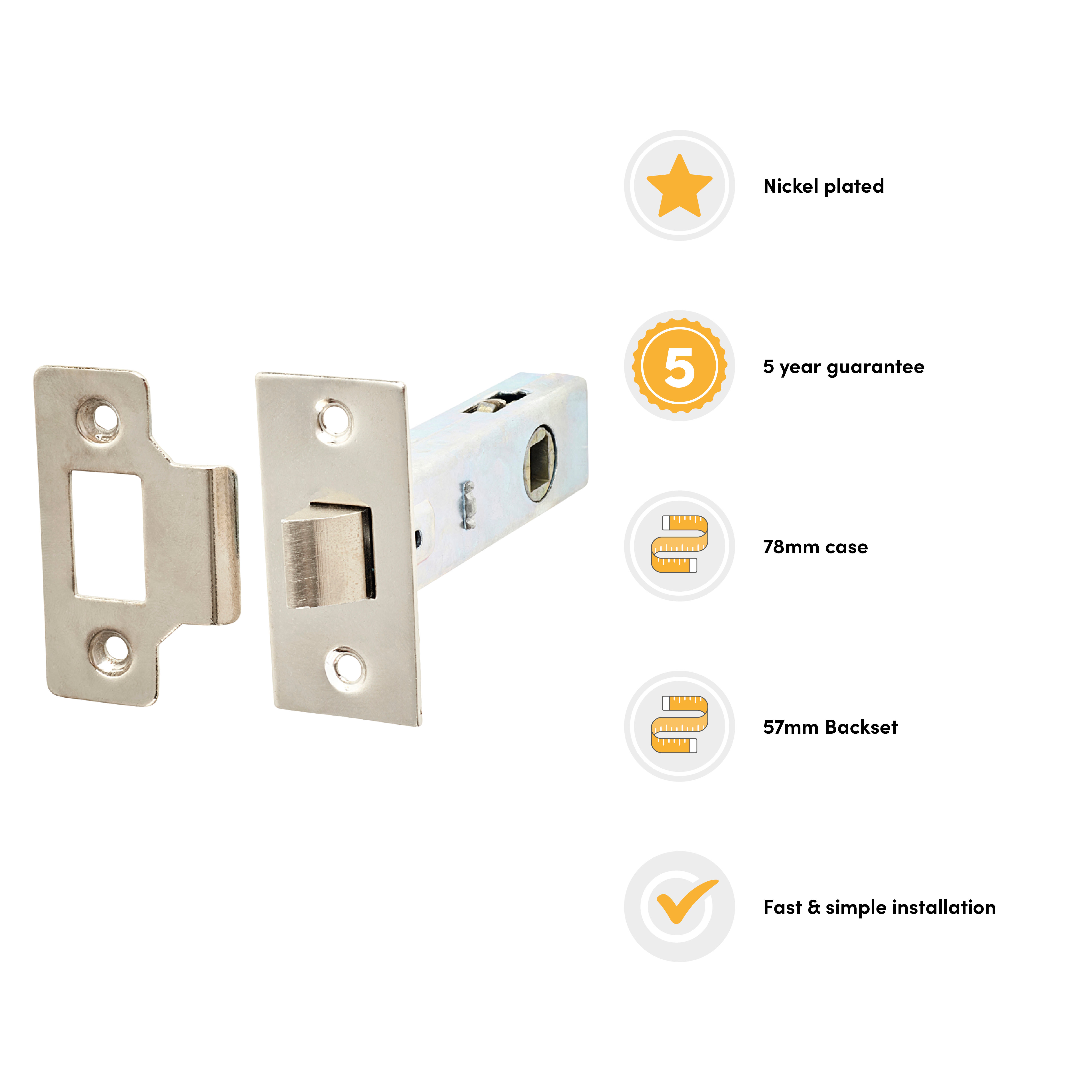 Budget Tubular Latch - 78mm Case - 57mm Backset - Square - Nickel Plated - view 2
