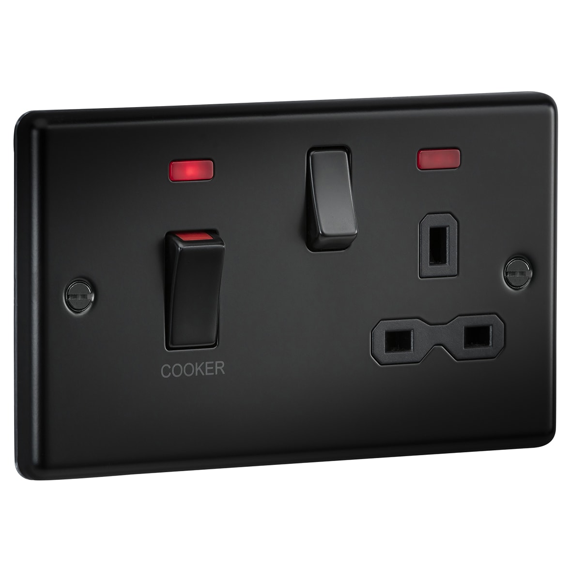 45A Round Edge DP Cooker Switch & 13A Socket with Neons - Matt Black/Black Insert - view 2