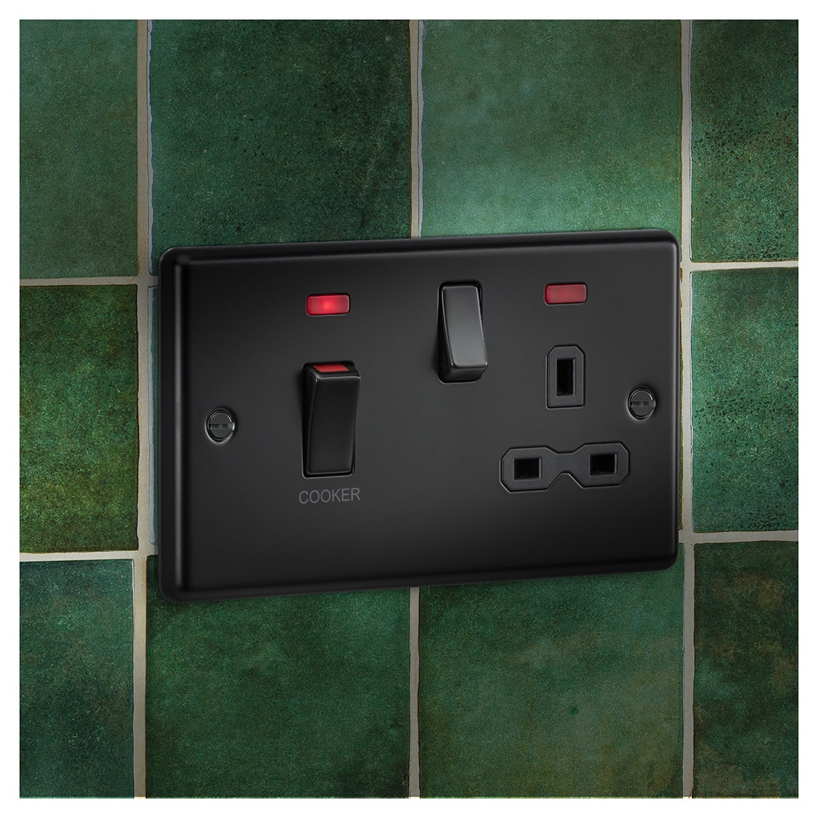45A Round Edge DP Cooker Switch & 13A Socket with Neons - Matt Black/Black Insert - view 5