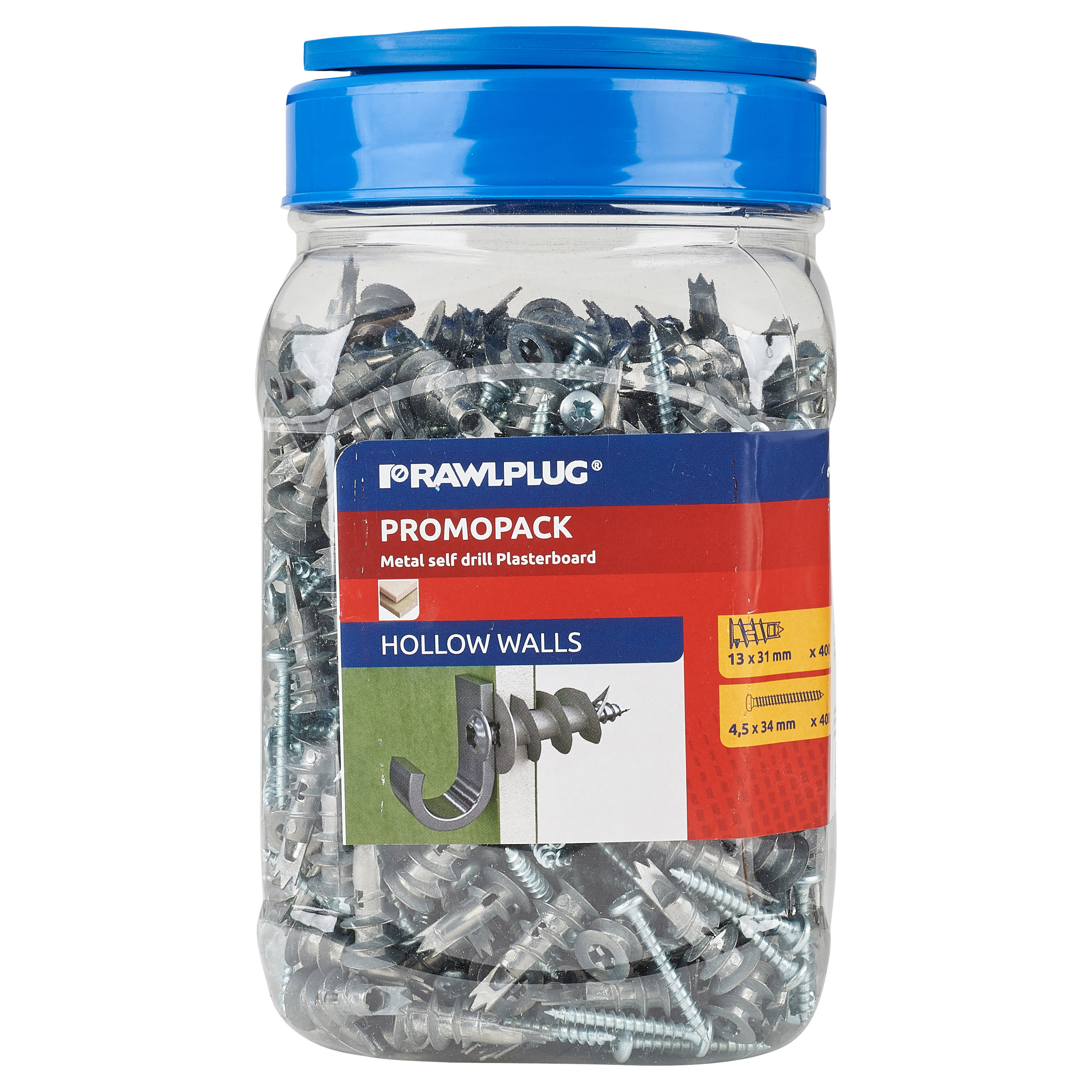 Metal Self-Drill Fixing Plasterboard Plug - 13 x 31mm - Jar of 400 Plugs and 400 Screws - view 3