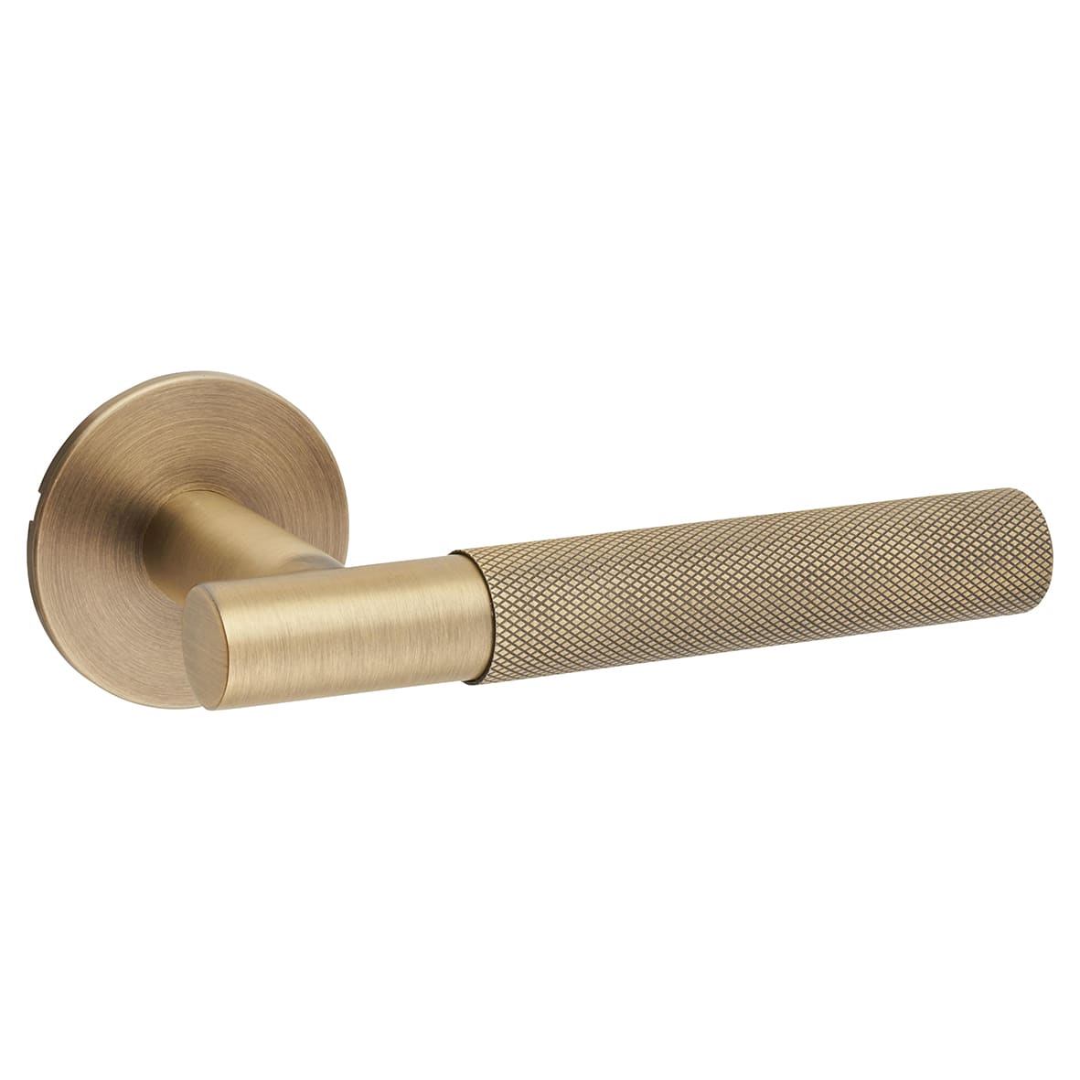 Matt Antique Brass Knurled Door Handles on Round Slim Rose - Schema Teckna Range - view 3