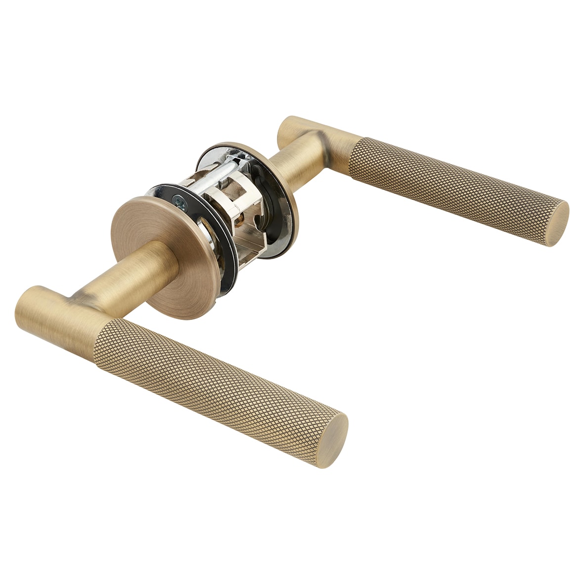 Matt Antique Brass Knurled Door Handles on Round Slim Rose - Schema Teckna Range - view 4
