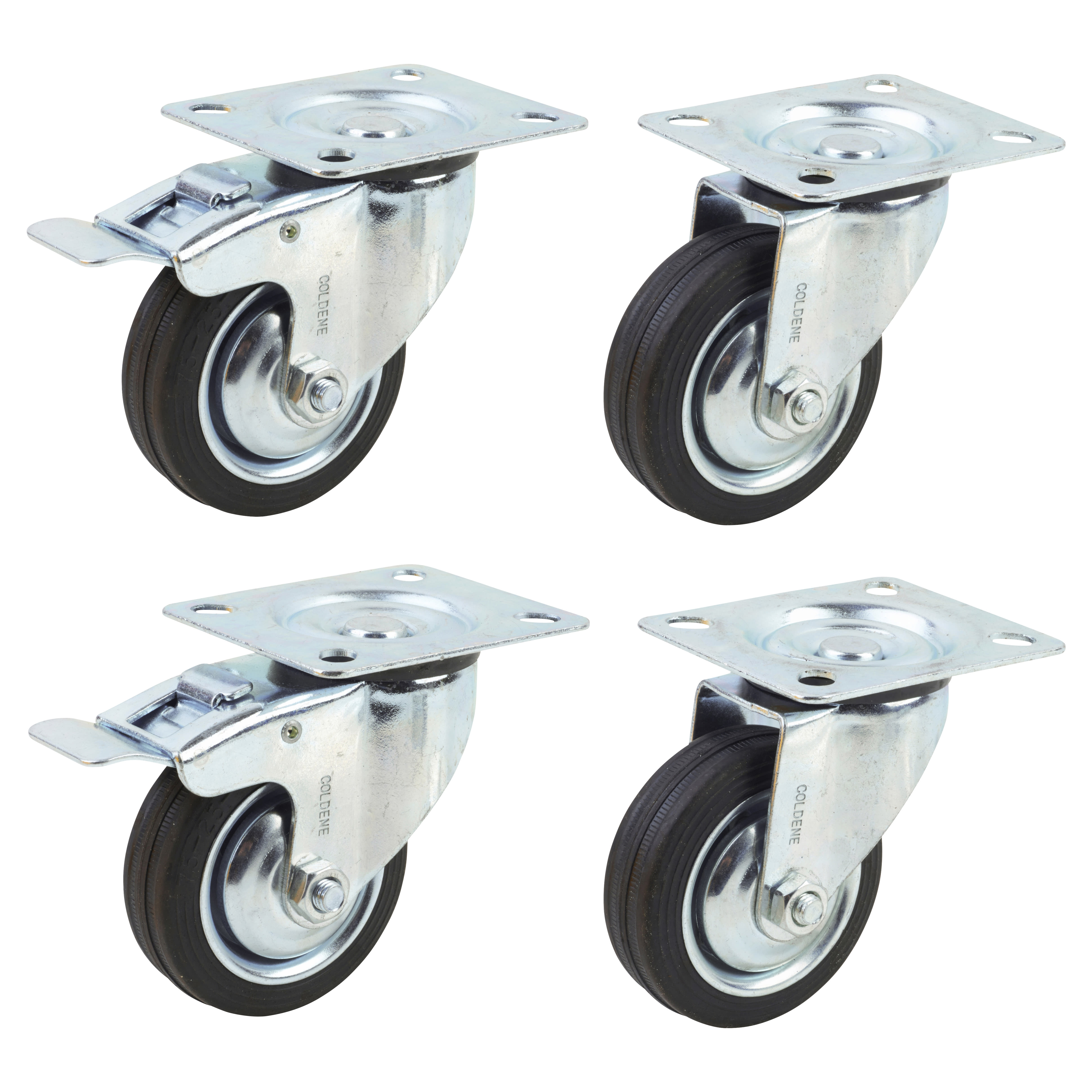 Rubber Castor 2 x Swivel, 2 x Swivel Braked - 200kg Max - 100mm Diameter - Black - Pack of 4 - view 2