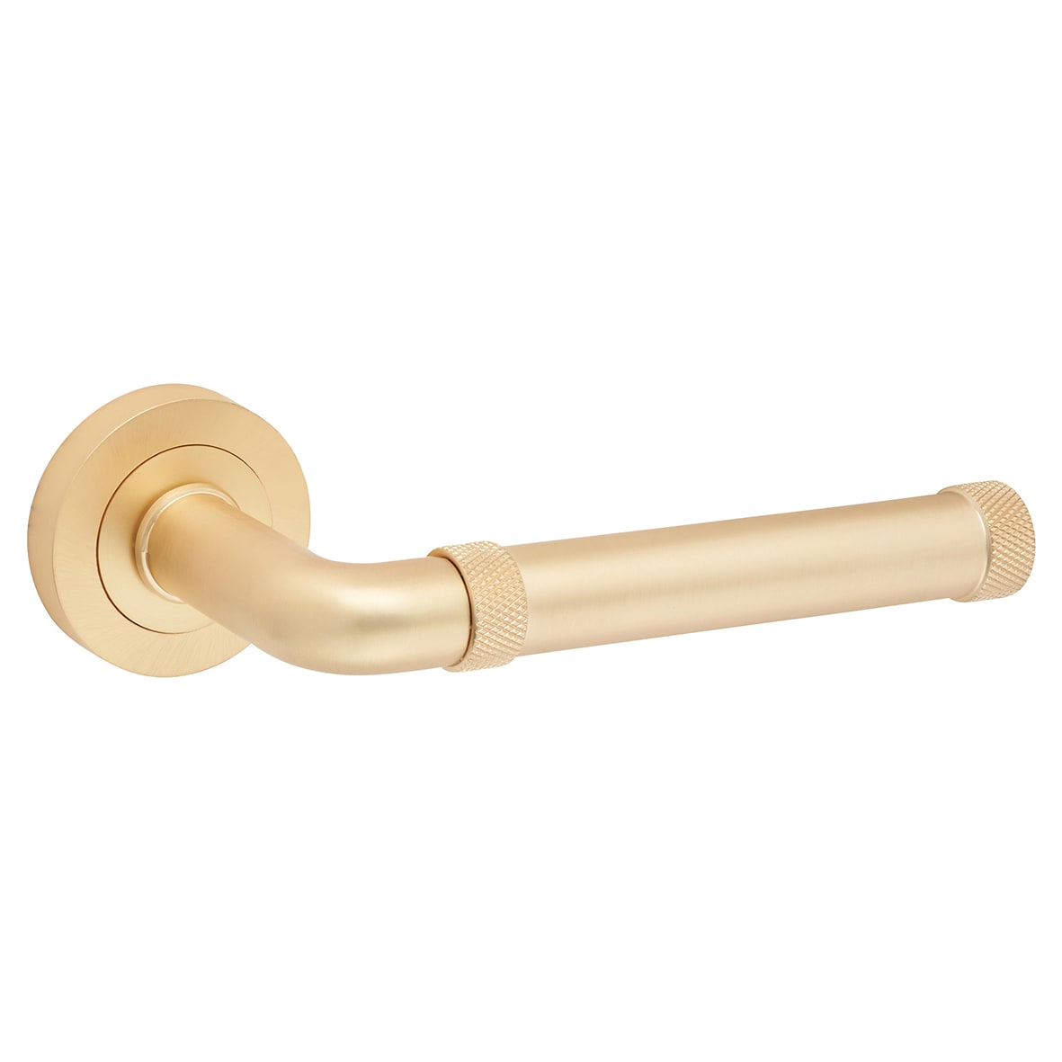 Satin Brass Fire Rated Knurled Door Handles on Round Rose - Midtown Range - view 2