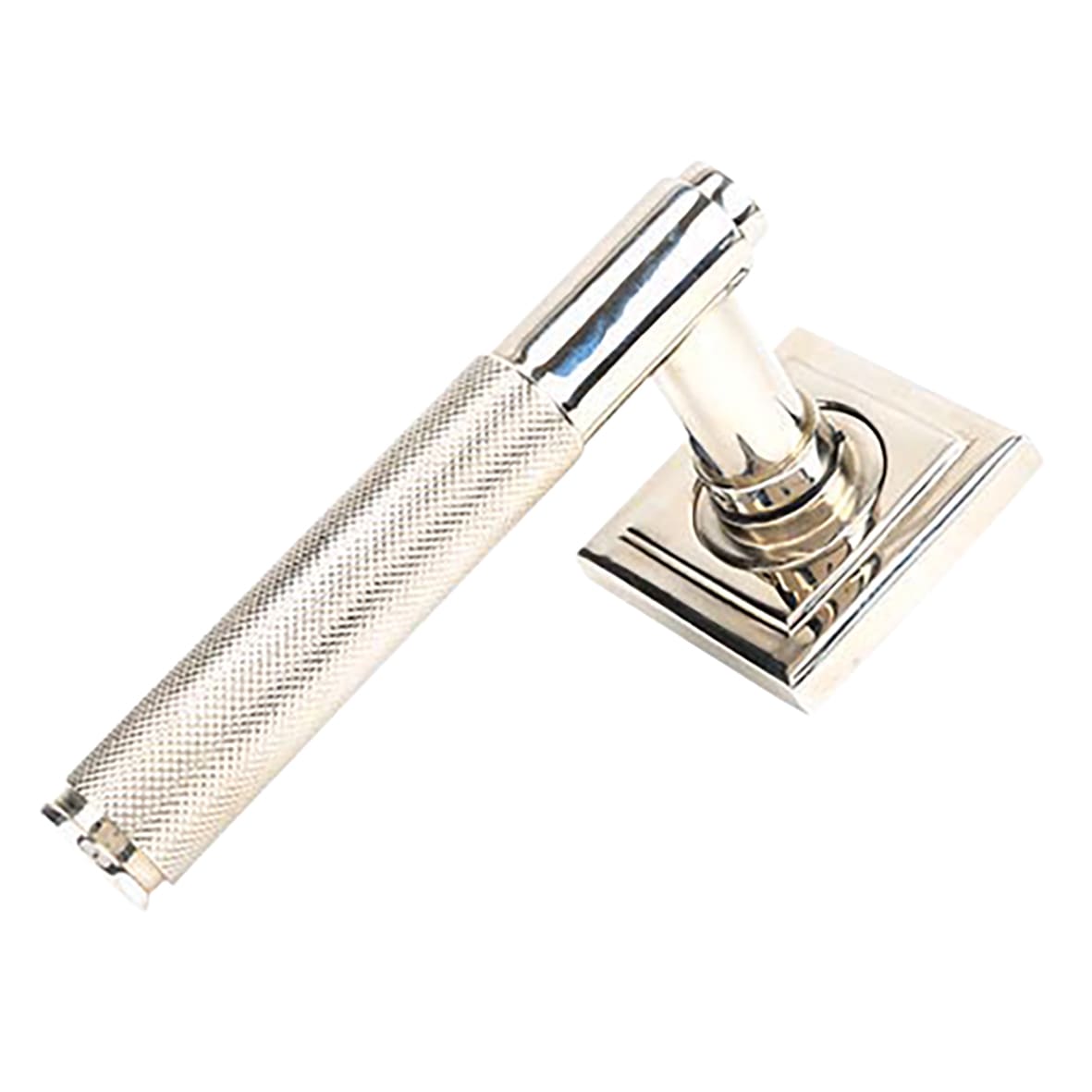 Polished Nickel Knurled Door Handles on Square Rose - Brompton Range - view 2
