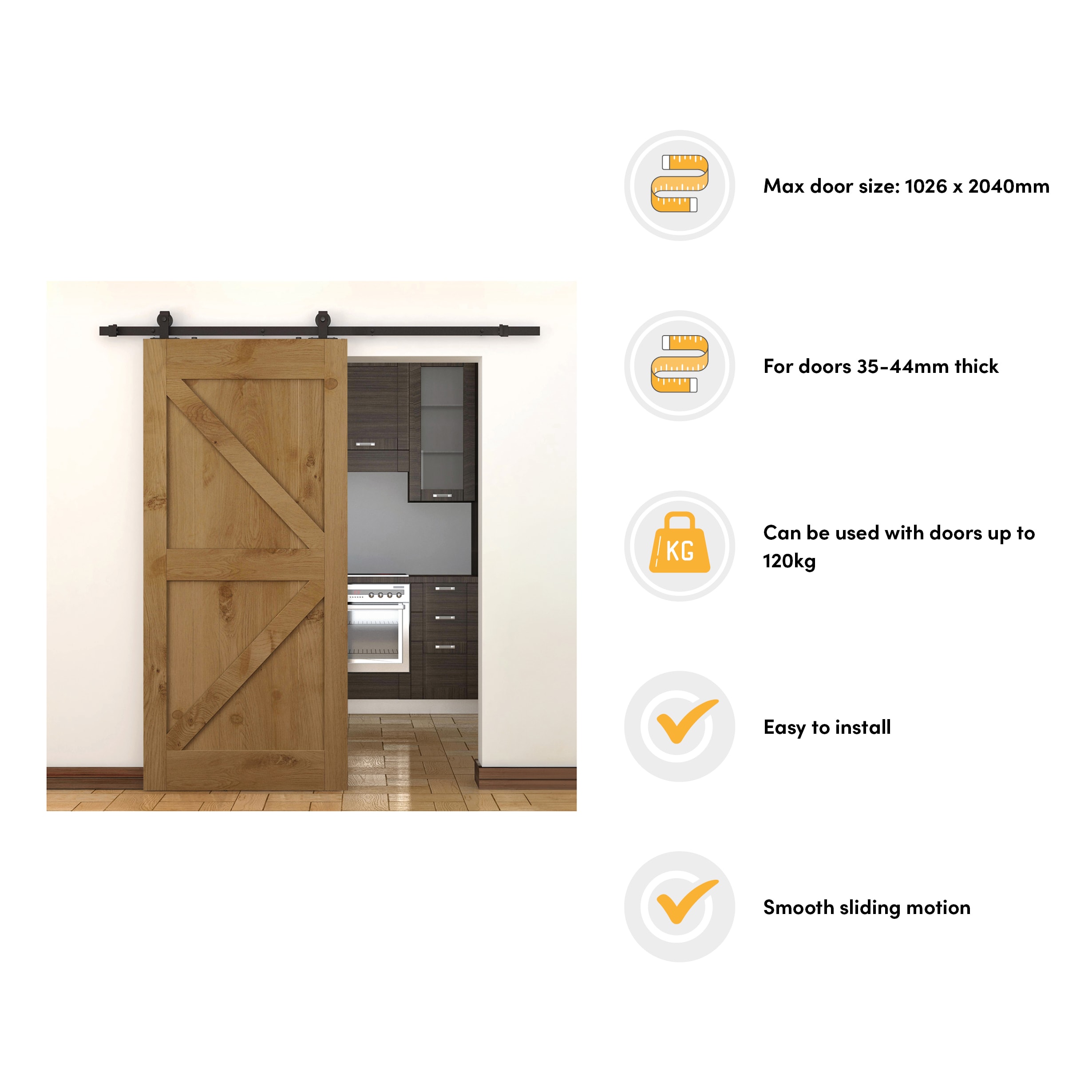 Barn Strap Sliding Door Gear Kit - Top Mounted - 2000mm Track - 120kg Max Door Weight - Black - view 3
