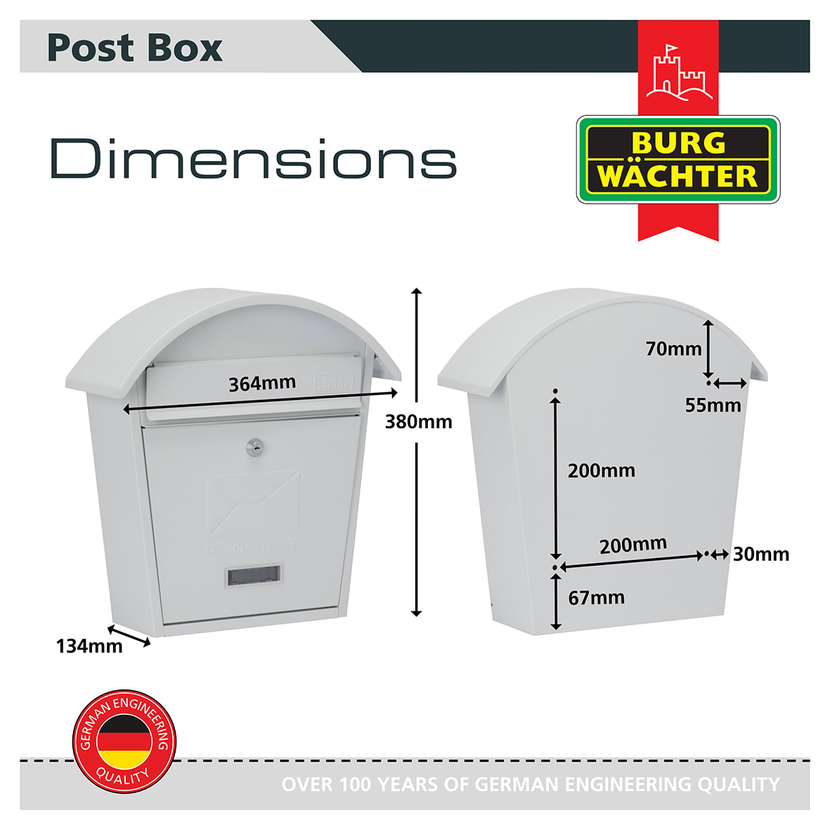 Classic Postbox - 363 x 370 x 134mm - White - view 5