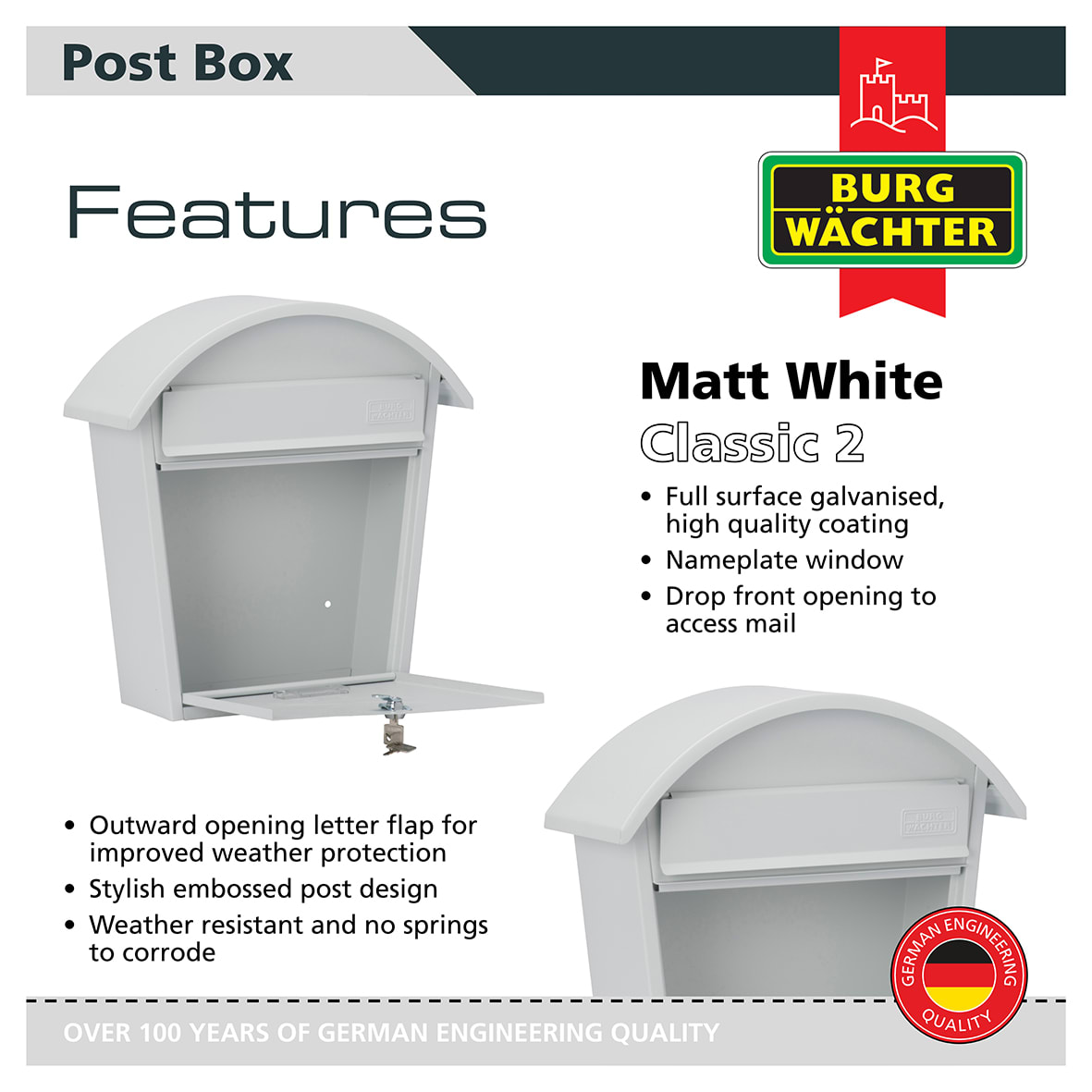 Classic Postbox - 363 x 370 x 134mm - White - view 7