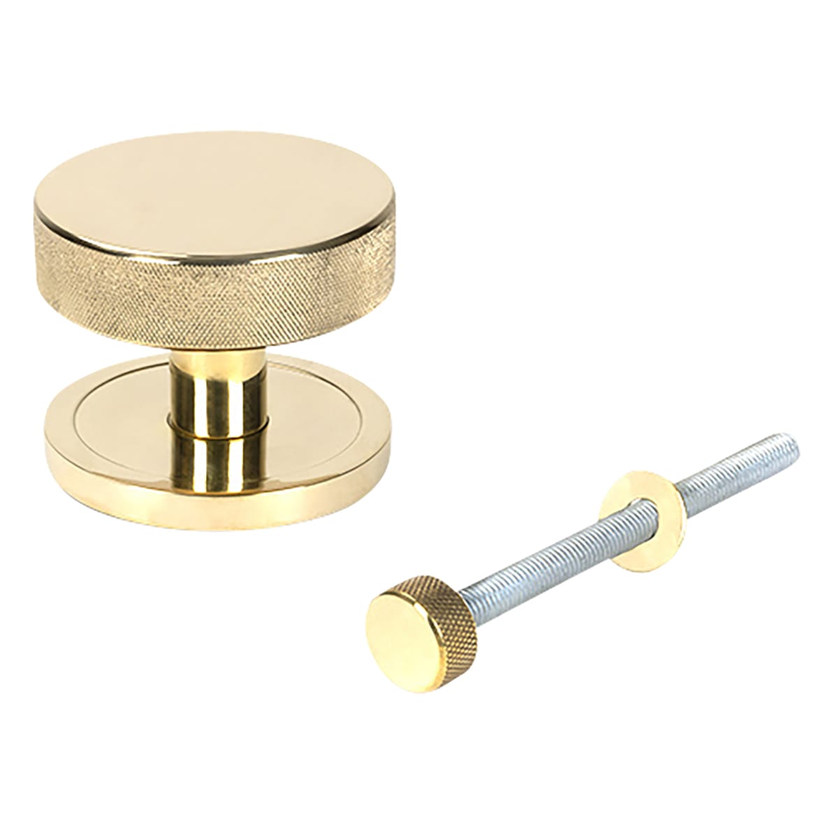 Brompton Polished Brass Round Knurled Centre Door Knob - 90mm Rose Diameter - view 2