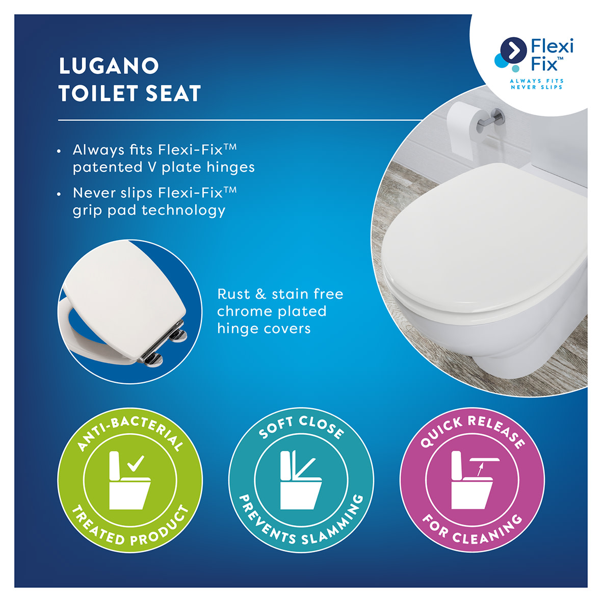 Lugano Flexi-Fix Soft Close Wooden Toilet Seat - White - view 5