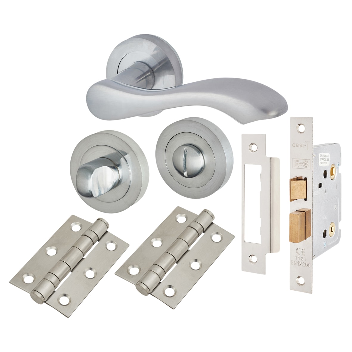Satin Chrome Scroll Bathroom Lock Door Handles on Rose Pack - Scarlett Range - view 2