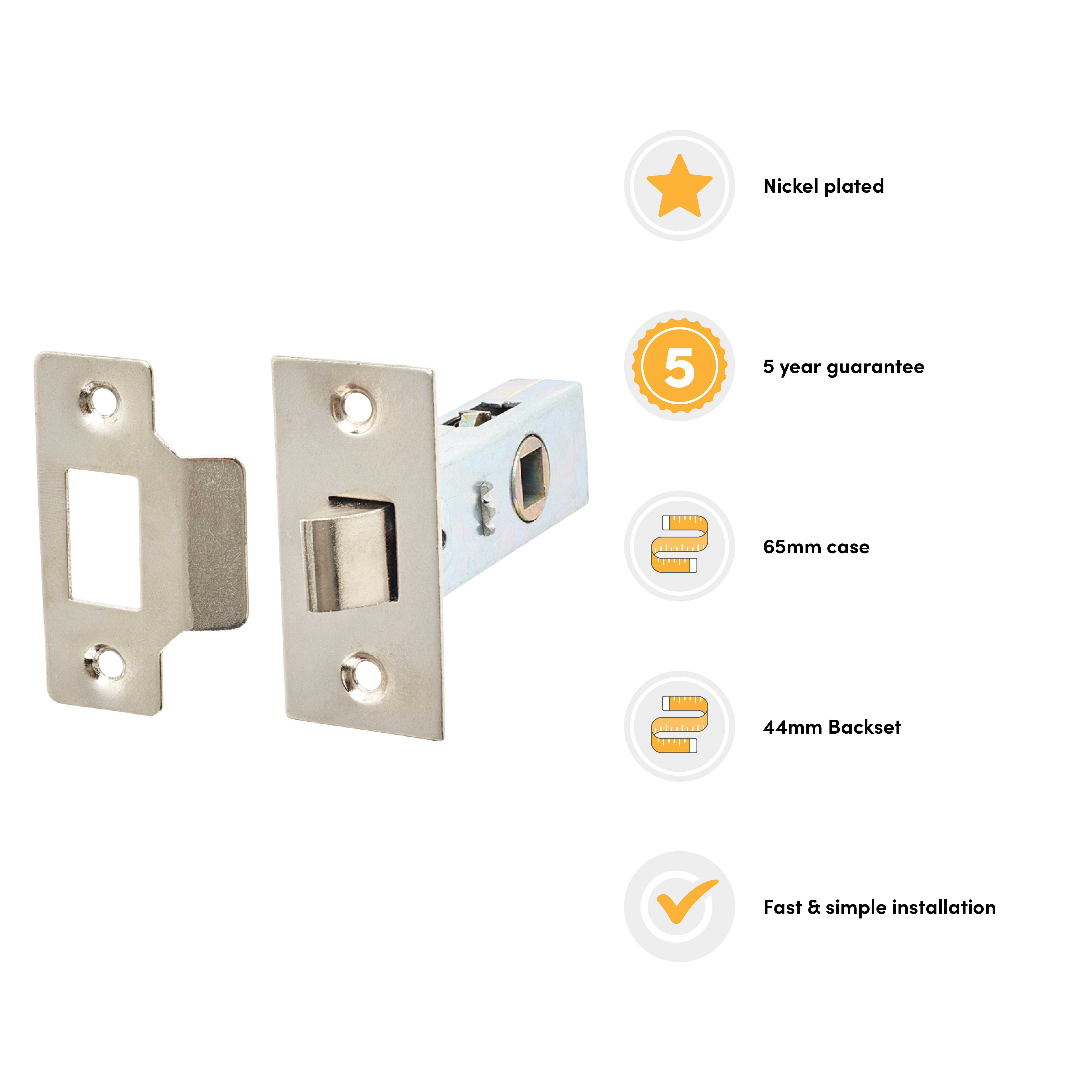 Budget Tubular Latch - 65mm Case - 44mm Backset - Square - Nickel Plated - view 2
