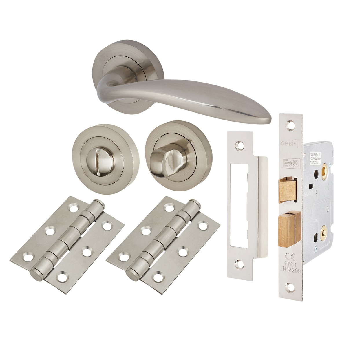 Satin Nickel Bathroom Lock Door Handles on Rose Pack - Morgan Range - view 2