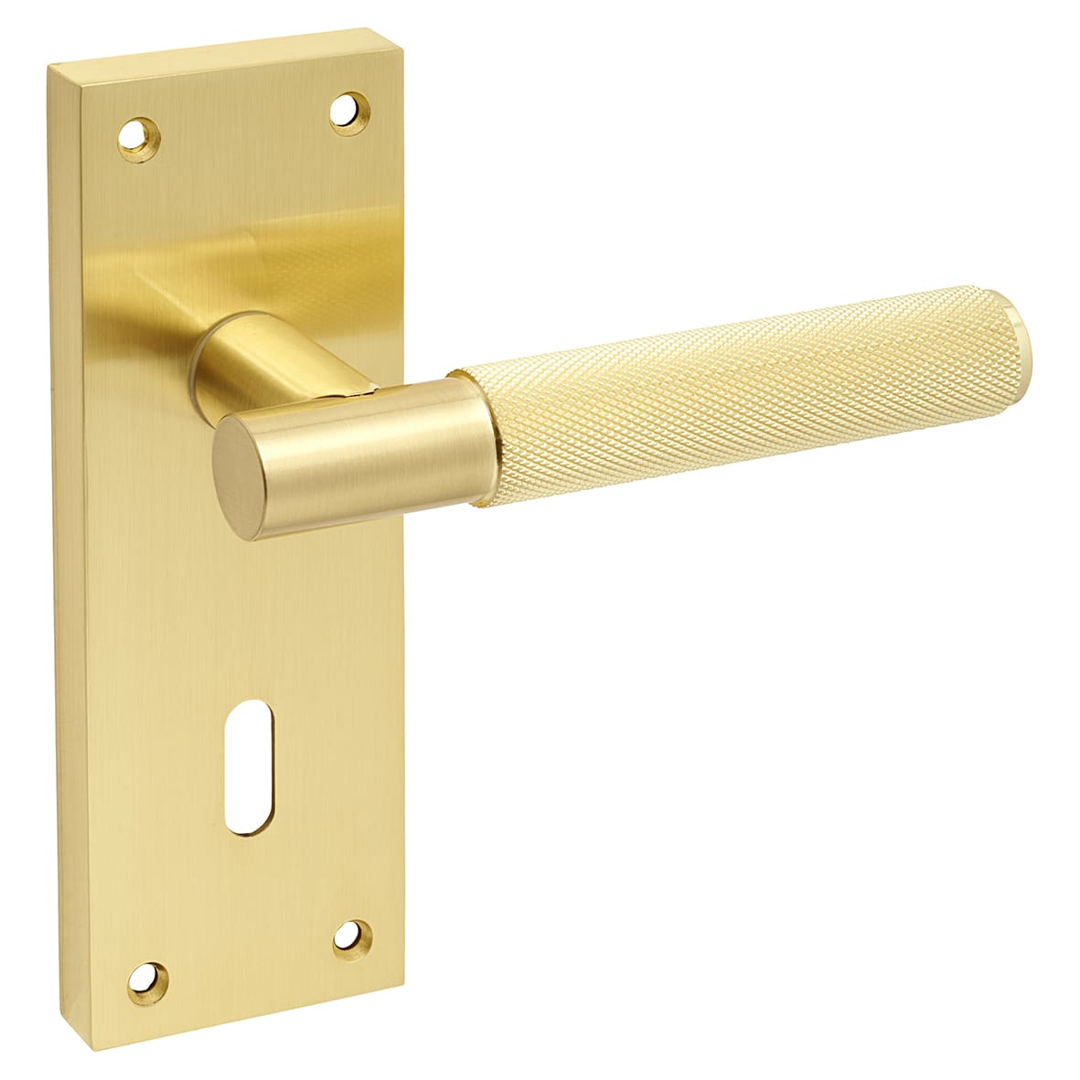 Satin Brass Knurled Keyhole Lock Door Handles - Remi Range - 155 x 55mm - view 2