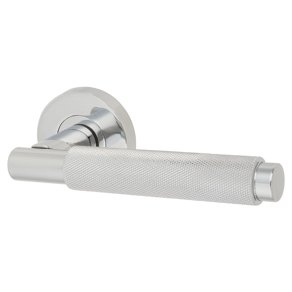 Polished Chrome Knurled Latch Door Handles on Rose Pack - Passage - Textura Range - view 2