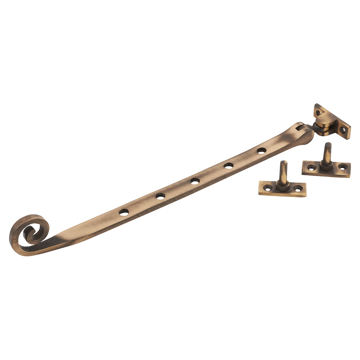 Cast Open Curl Casement Window Stay - 12"/300mm Length - Antique Brass - view 2