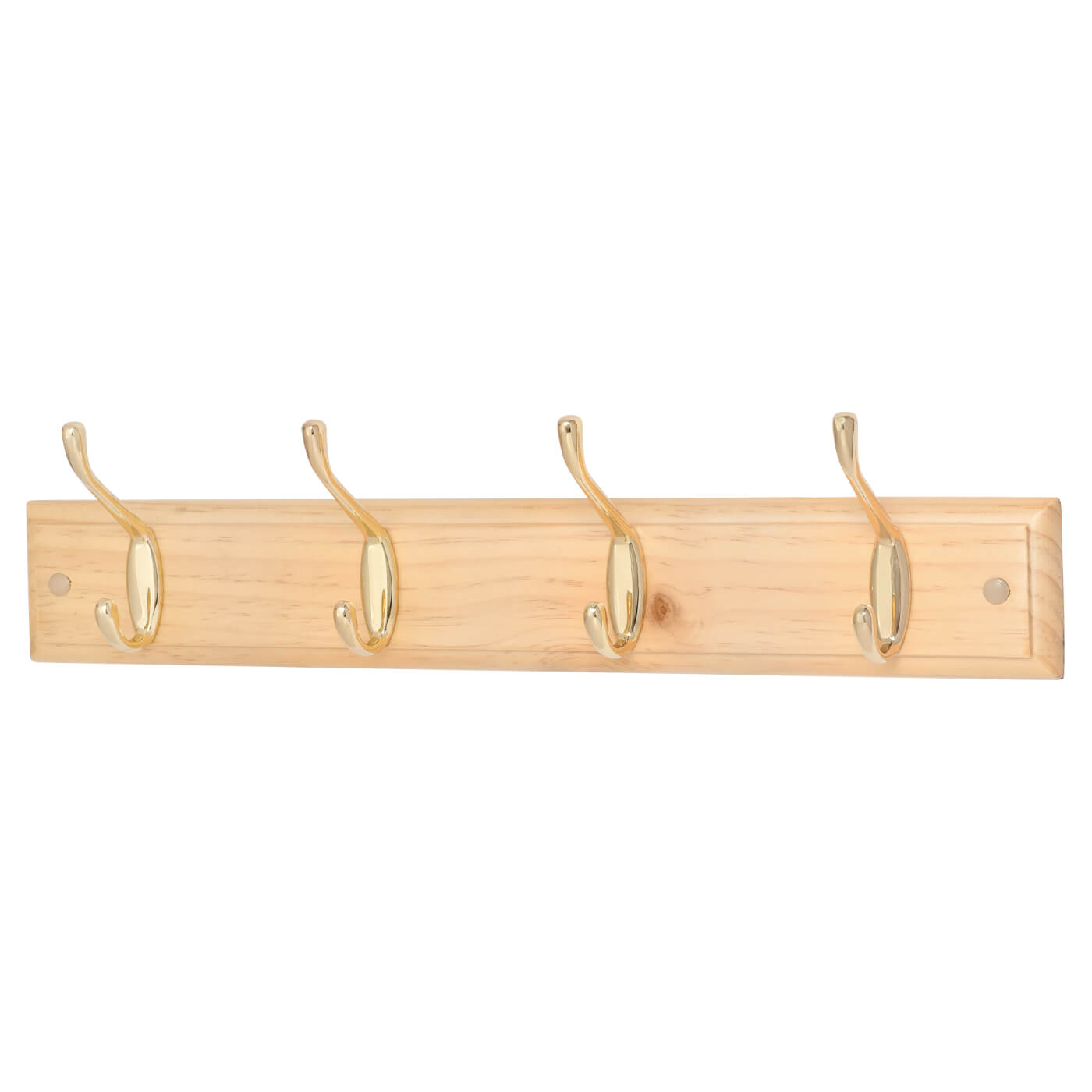 Hat & Coat Hook Rail - 450 x 70 x 15mm - 4 Hooks - Pine Board with Polished Brass Hooks - view 2