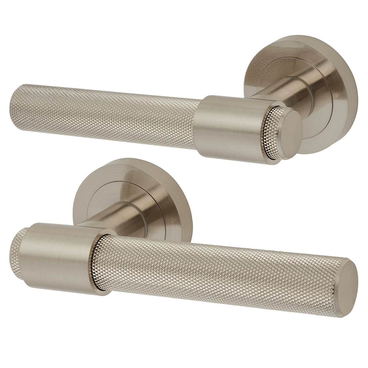 Satin Nickel Knurled Bathroom Lock Door Handles on Rose Pack - Esme Range - view 2