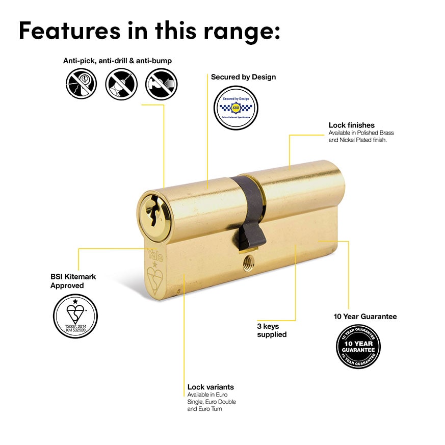 1 Star 6 Pin Kitemarked 80mm Euro Double Cylinder - 40 + 40mm - Pol Brass - Keyed to Differ - view 3