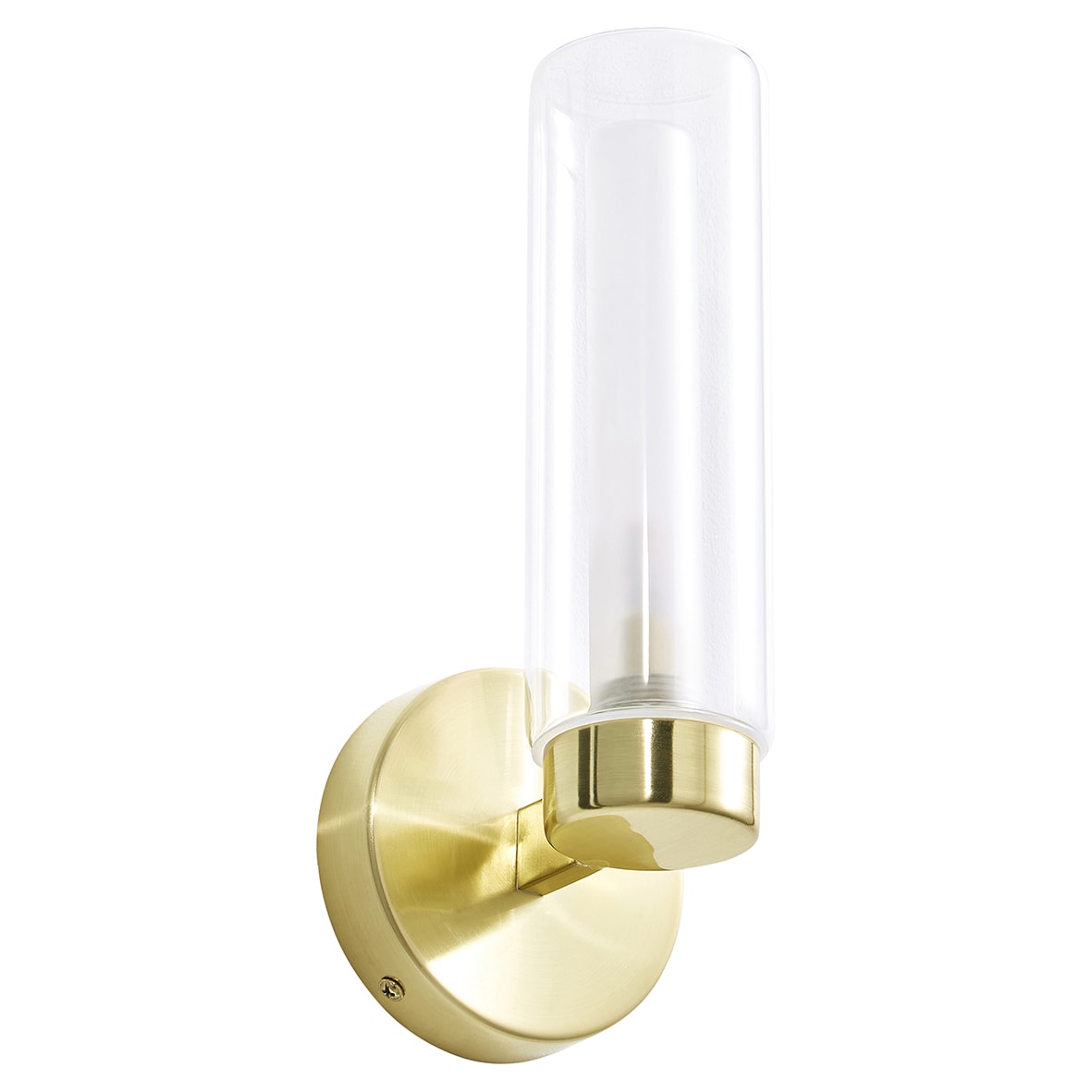 Forum Spa Sparti LED Bathroom Wall Light - IP44 - Satin Brass with Clear Cylindrical Glass Shade - view 2