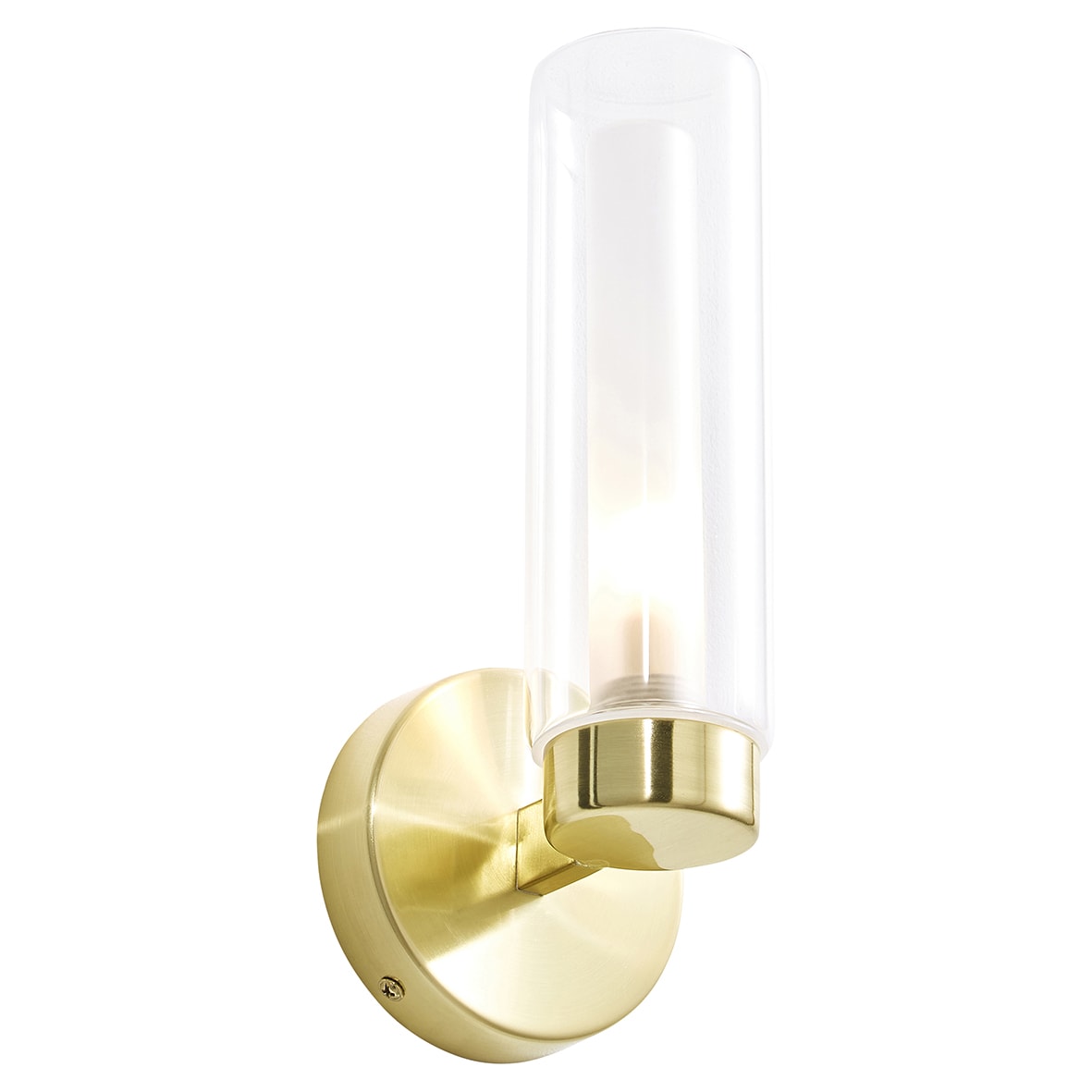 Forum Spa Sparti LED Bathroom Wall Light - IP44 - Satin Brass with Clear Cylindrical Glass Shade - view 3
