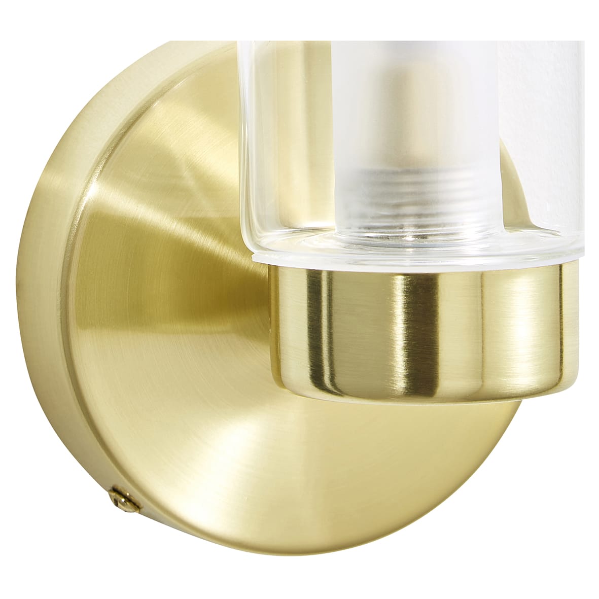 Forum Spa Sparti LED Bathroom Wall Light - IP44 - Satin Brass with Clear Cylindrical Glass Shade - view 4