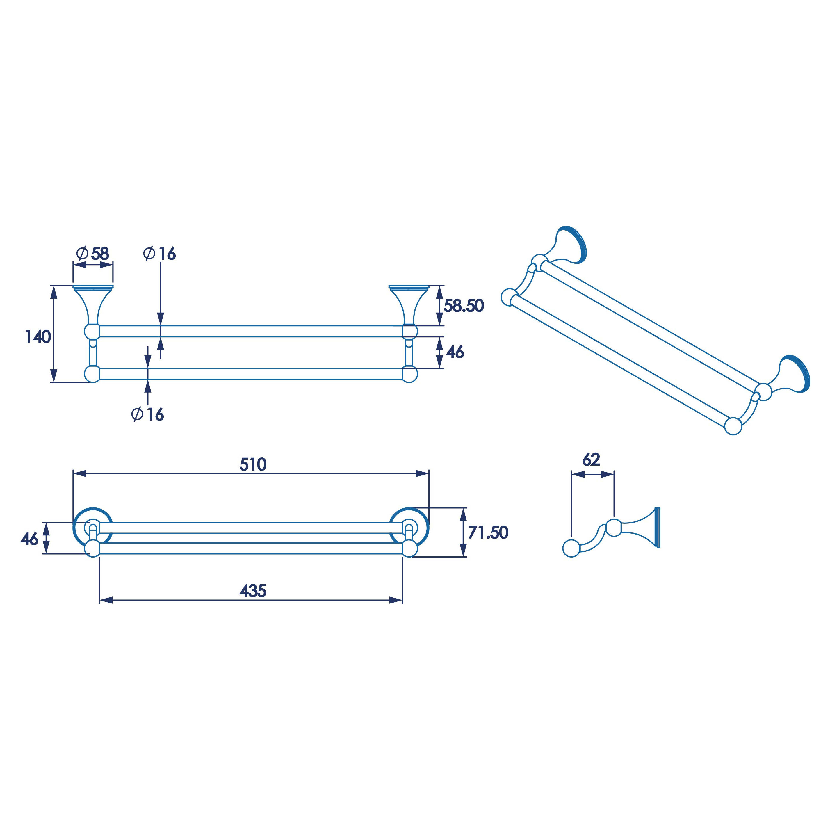 Westminster Round Double Towel Rail - 70 x 510 x 140mm - Polished Chrome - view 6