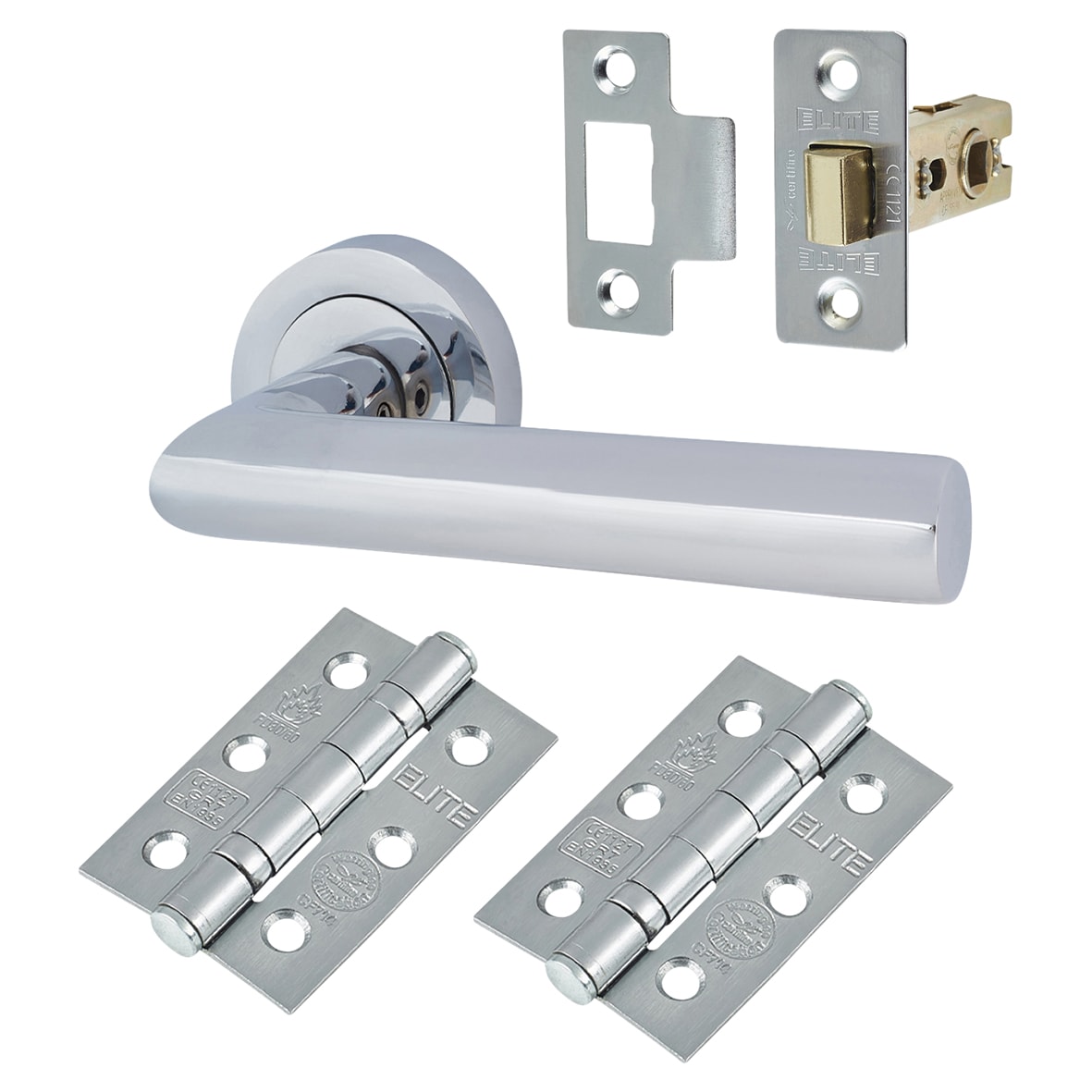 Polished Chrome Latch Door Handles on Rose Pack - Emily Range - view 2