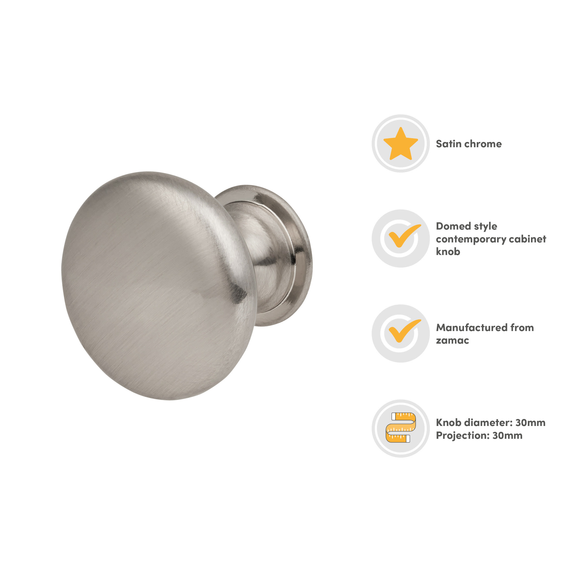 Domed Round Cabinet Knob - 30mm Diameter - Satin Chrome - view 3