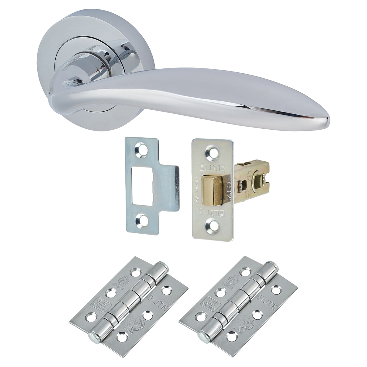 Polished Chrome Latch Door Handles on Rose Pack - Morgan Range - view 2