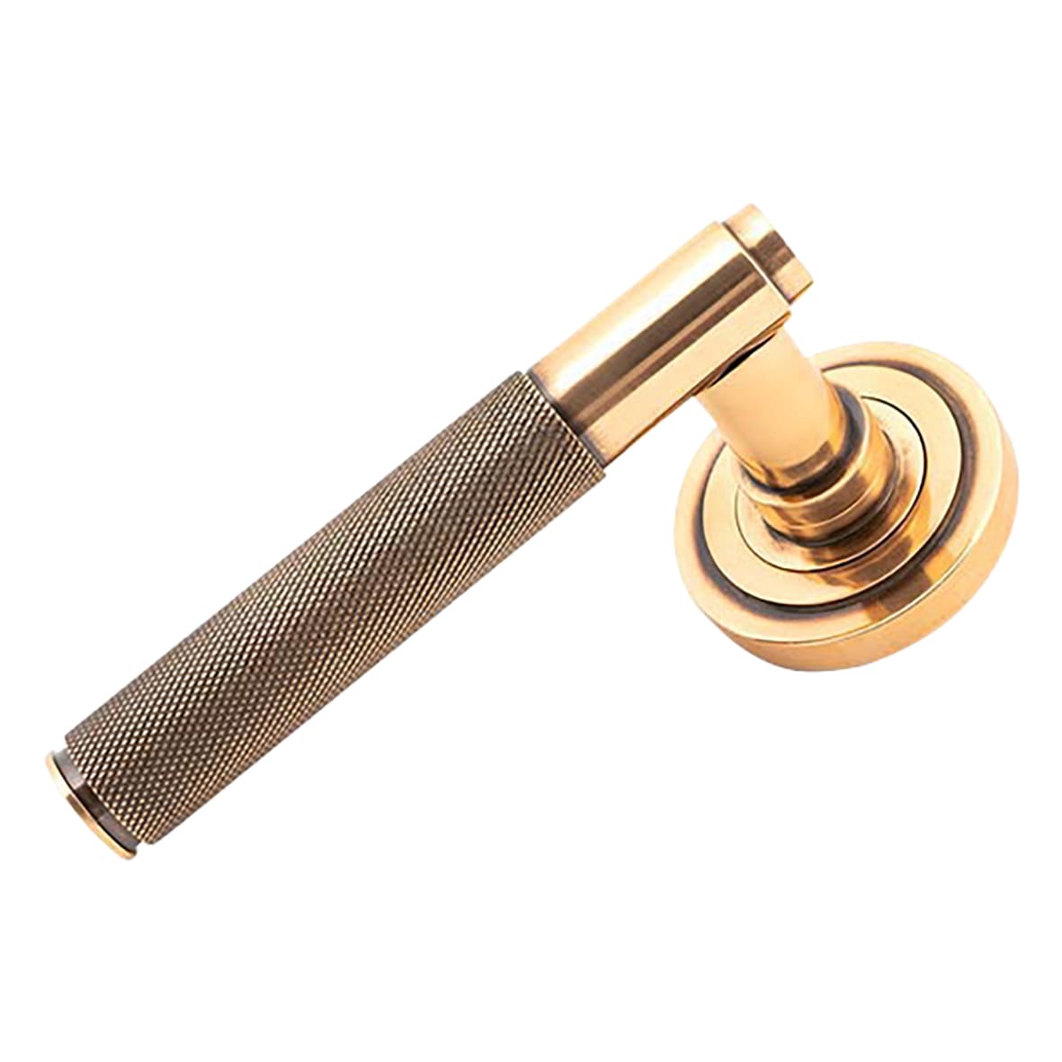 Polished Bronze Knurled Door Handles on Round Art Deco Rose - Brompton Range - view 2