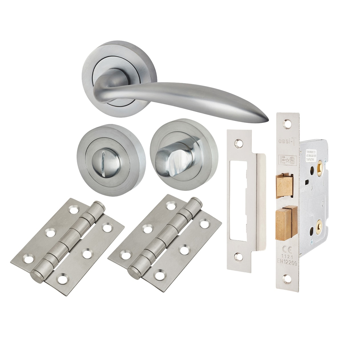 Satin Chrome Bathroom Lock Door Handles on Rose Pack - Morgan Range - view 2
