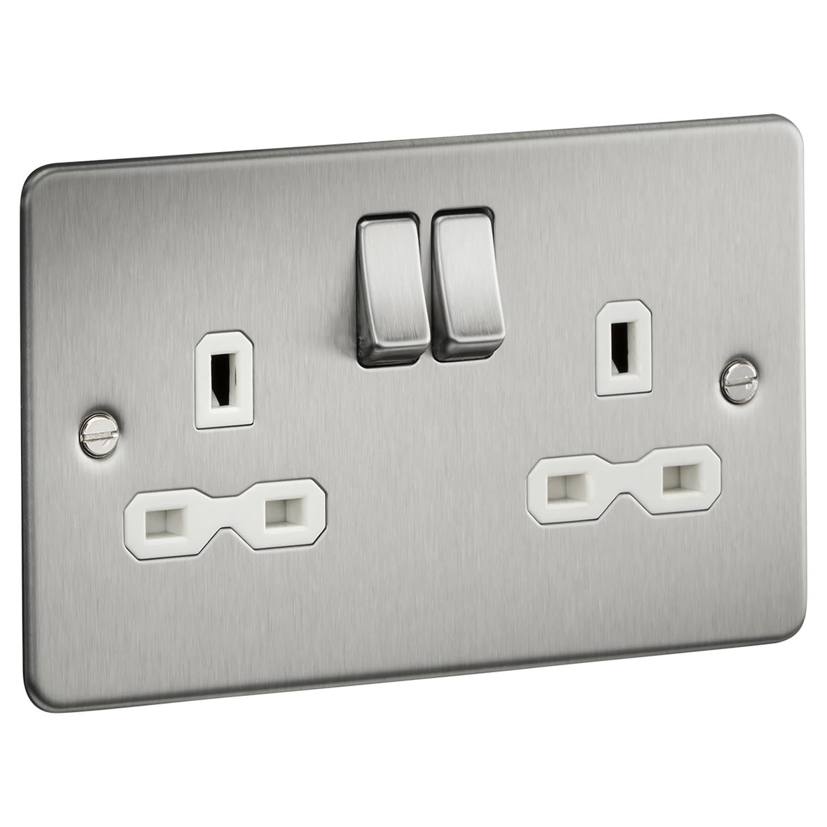 13A 2 Gang DP Switched Socket with Twin Earths - Brushed Chrome with White Insert - view 2