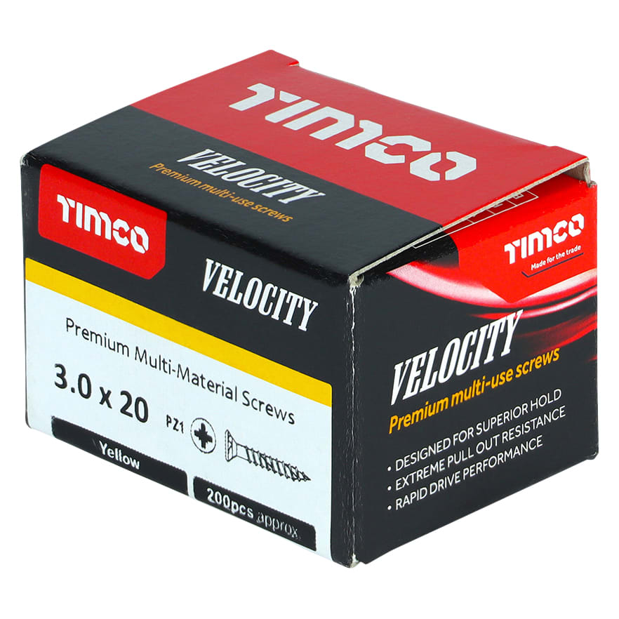 Velocity Pozi Countersunk Wood Screws - 3.0 x 20mm - Yellow Zinc - Pack of 200 - view 2