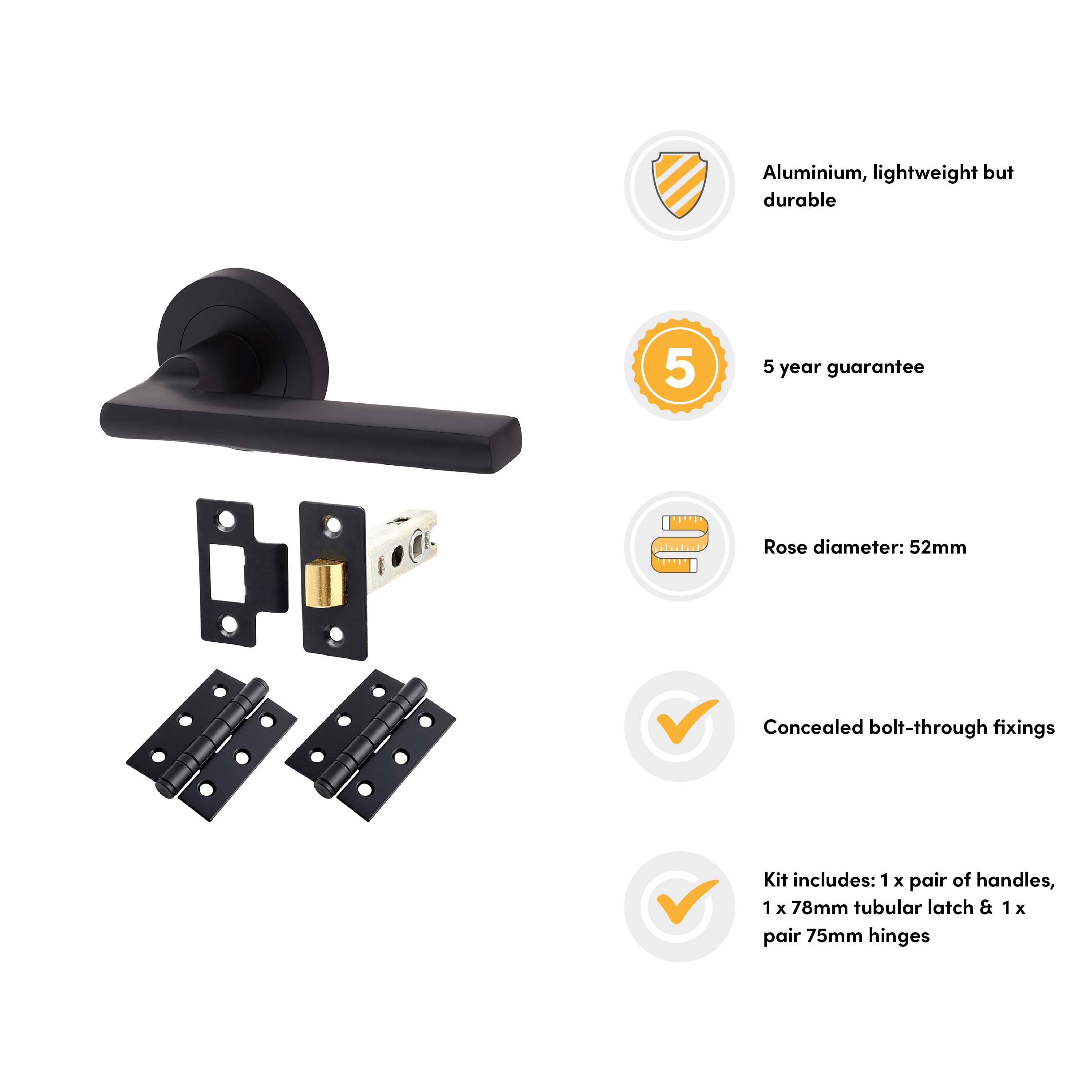 Matt Black Latch Door Handles on Rose Pack - Lexi Range - view 2