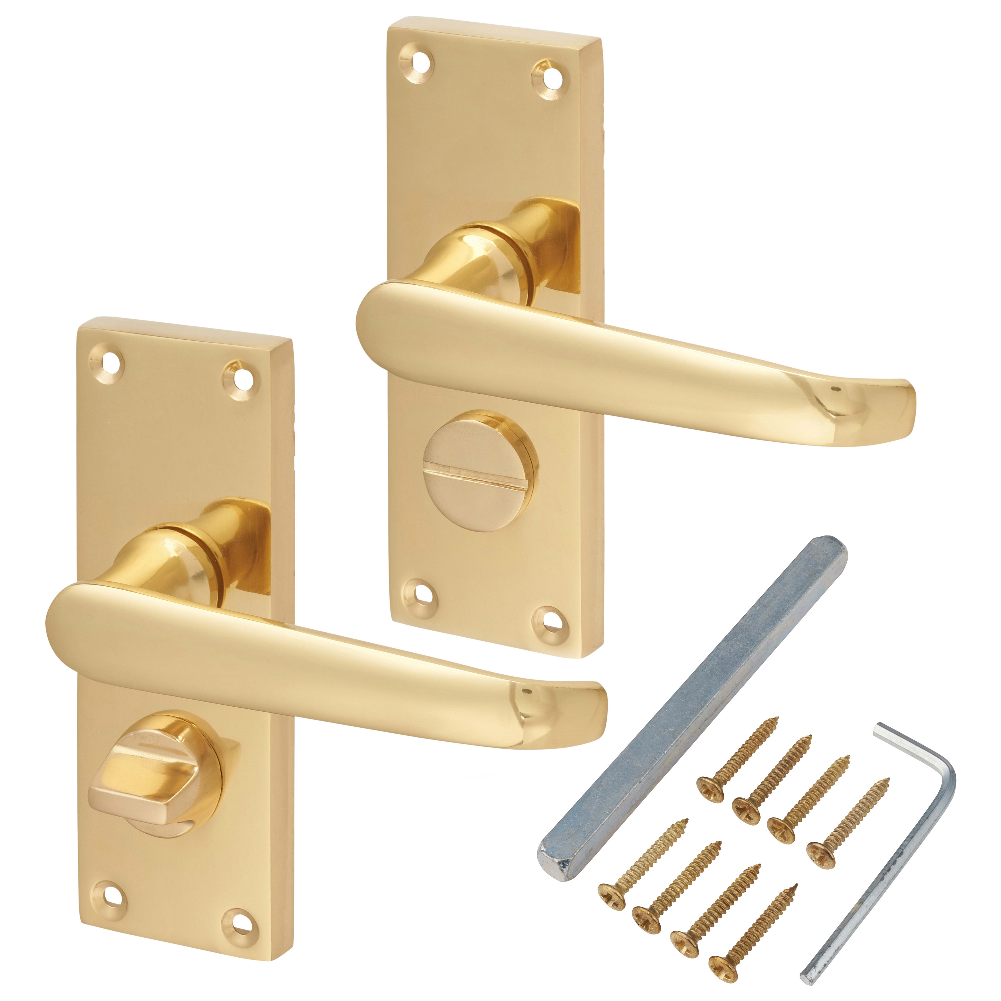 Polished Brass Victorian Straight Privacy Door Handles - Short Plate - 118 x 42mm - view 3