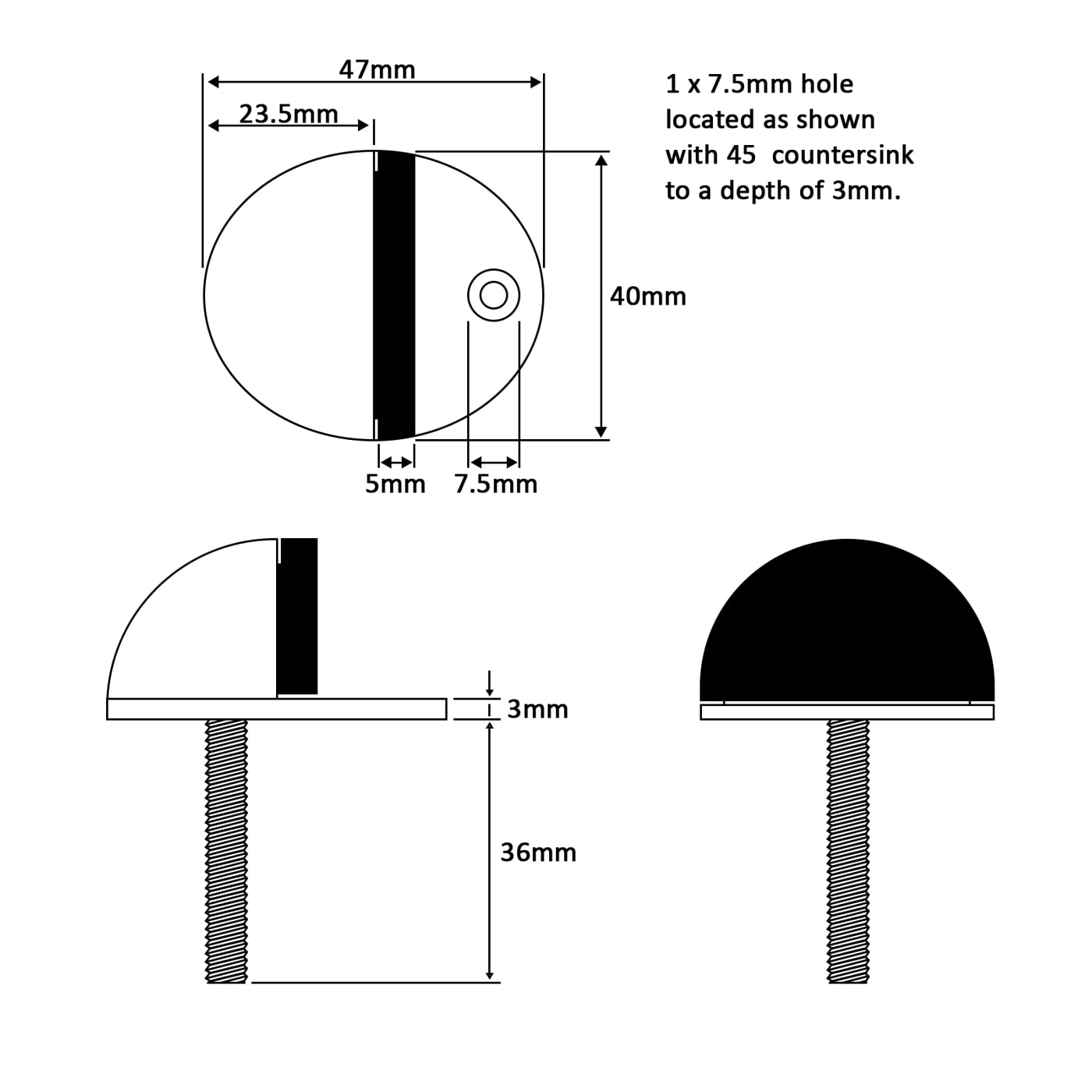 Half Moon Floor Door Stop - 25 x 45mm - Satin Chrome - view 2