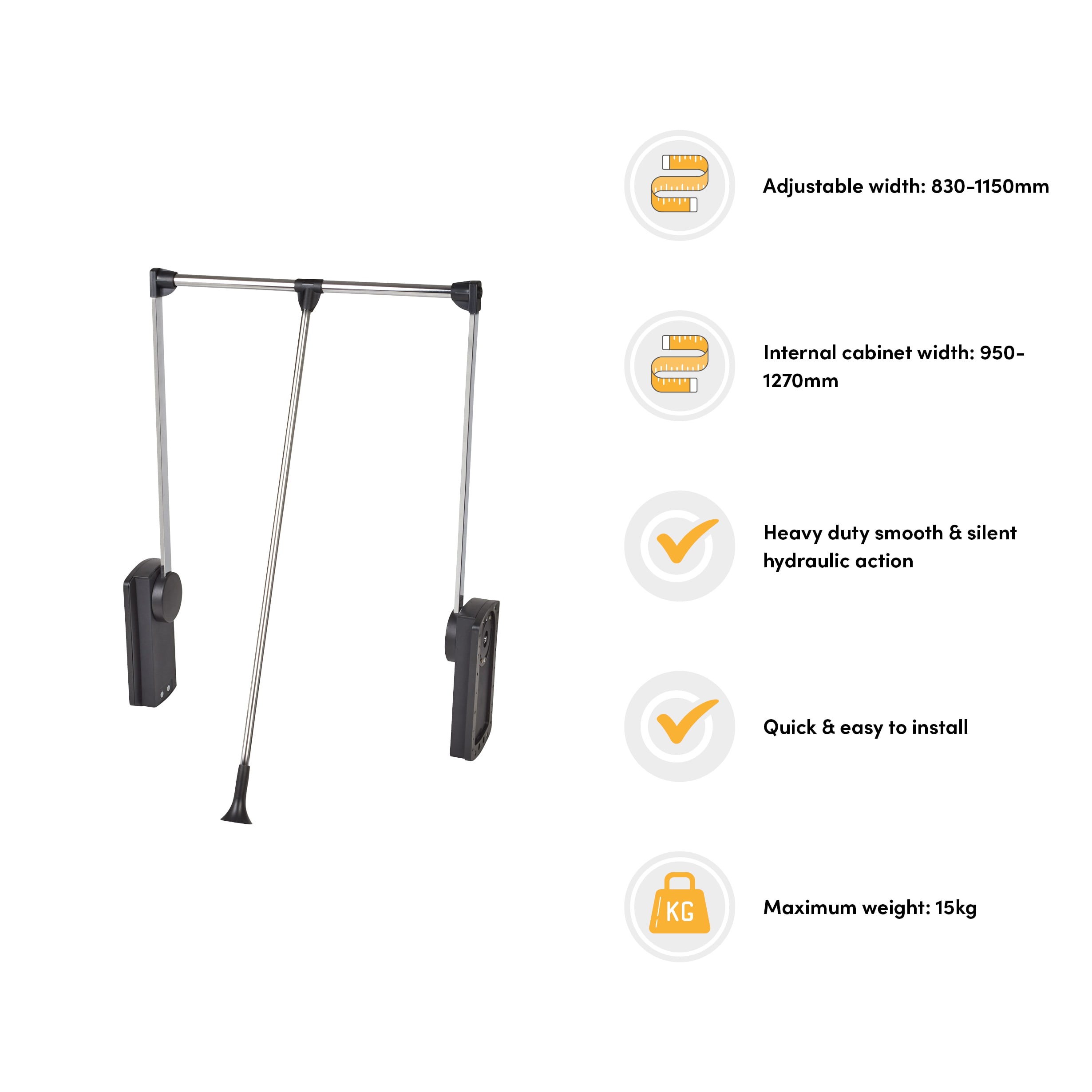Heavy Duty Double Pull Down Soft Close Wardrobe Rail Lift - 950-1270mm - Max 18kg - Black/Chrome - view 3