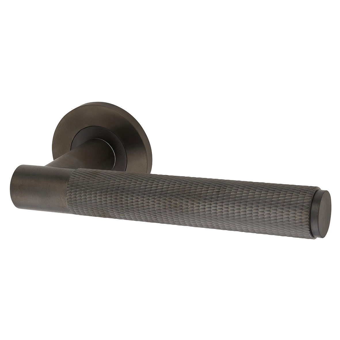 Dark Bronze Knurled Door Handles on Round Rose - Spitfire Range - view 3