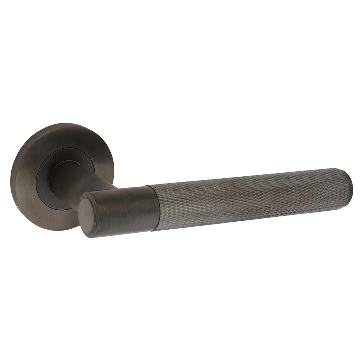 Dark Bronze Knurled Door Handles on Round Rose - Spitfire Range - view 4