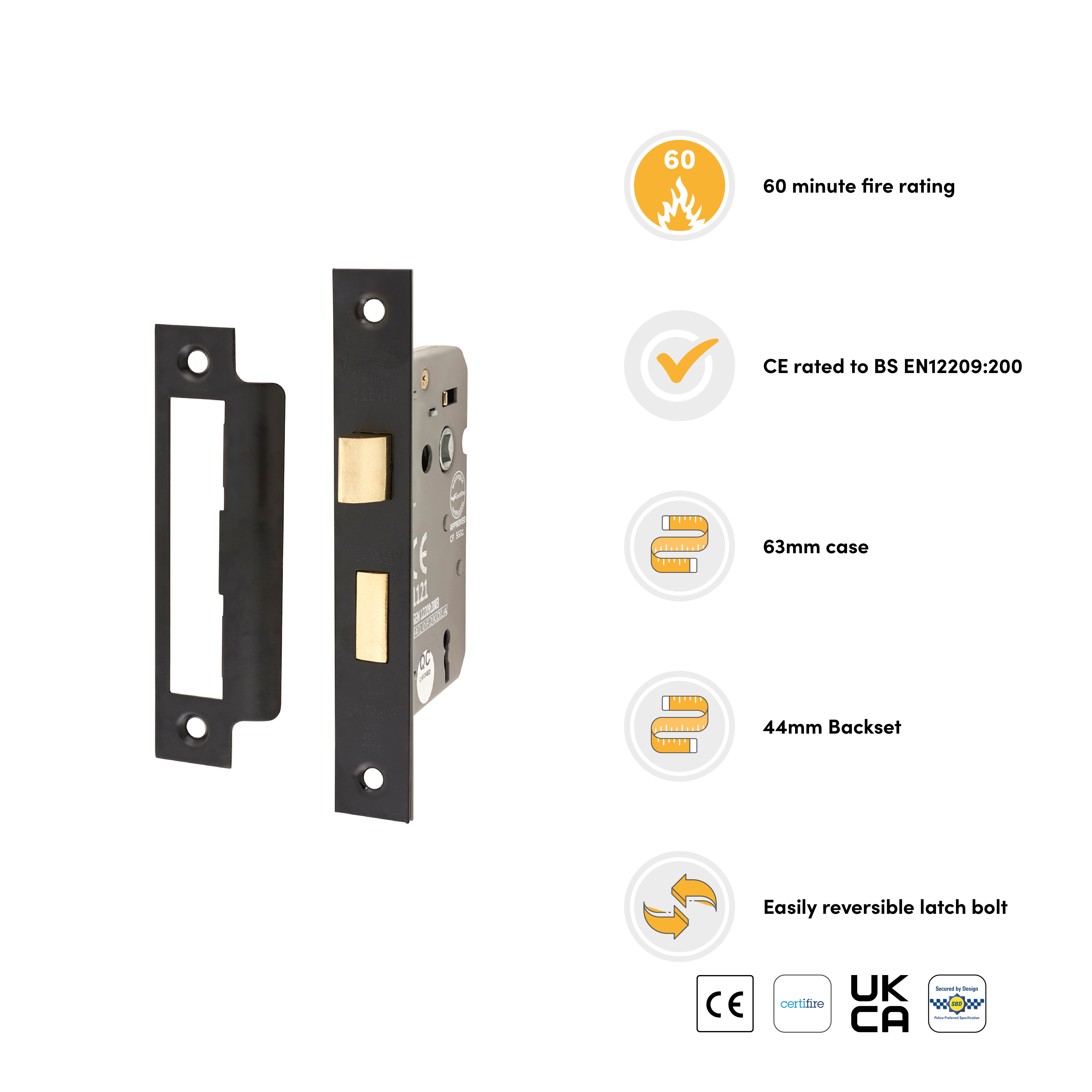 Bolt Through 3 Lever Sashlock - 63mm Case - 44mm Backset - Matt Black - view 2