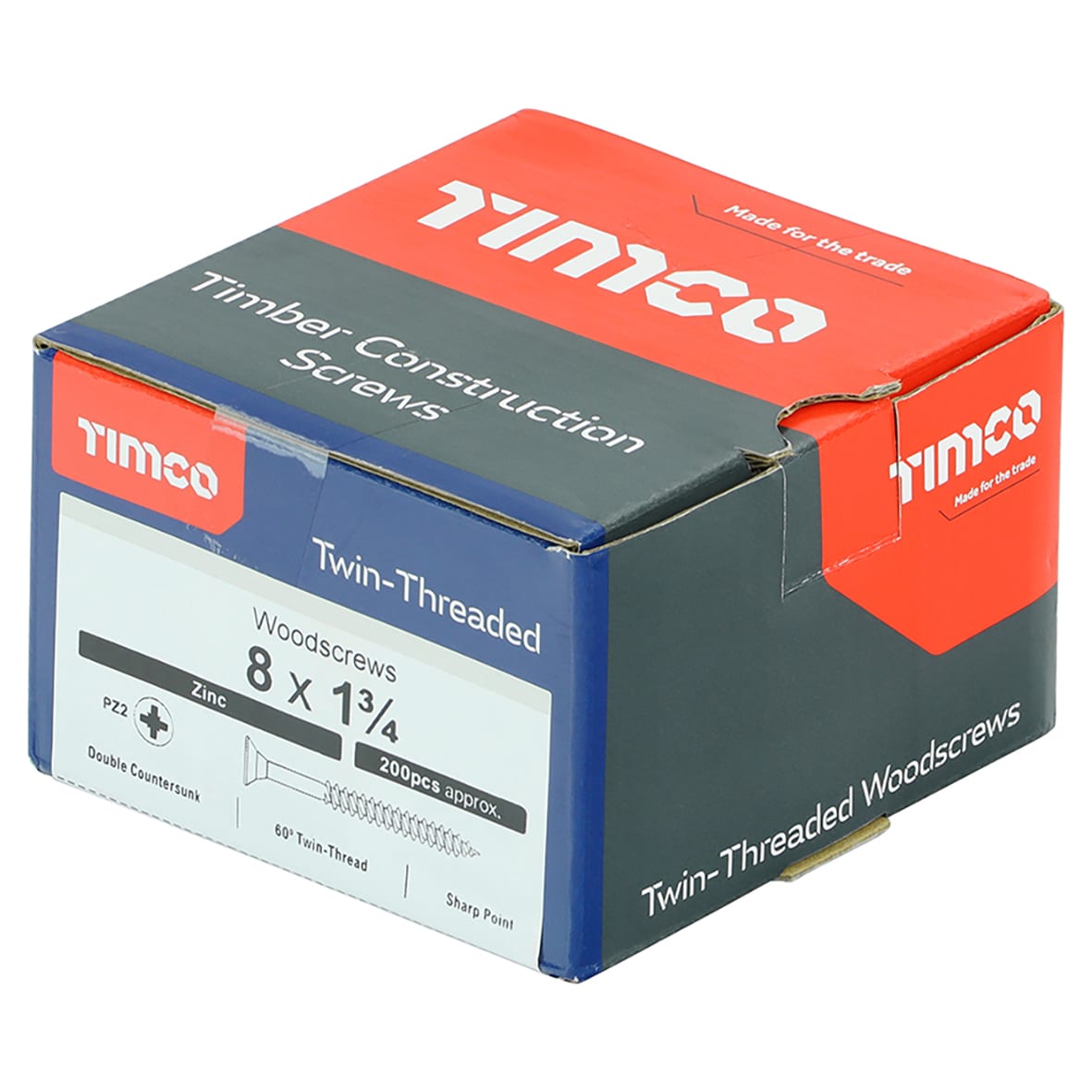 Twin Threaded Pozi Countersunk Wood Screws - 8 x 1 3/4" - Zinc Plated - Pack of 200 - view 4