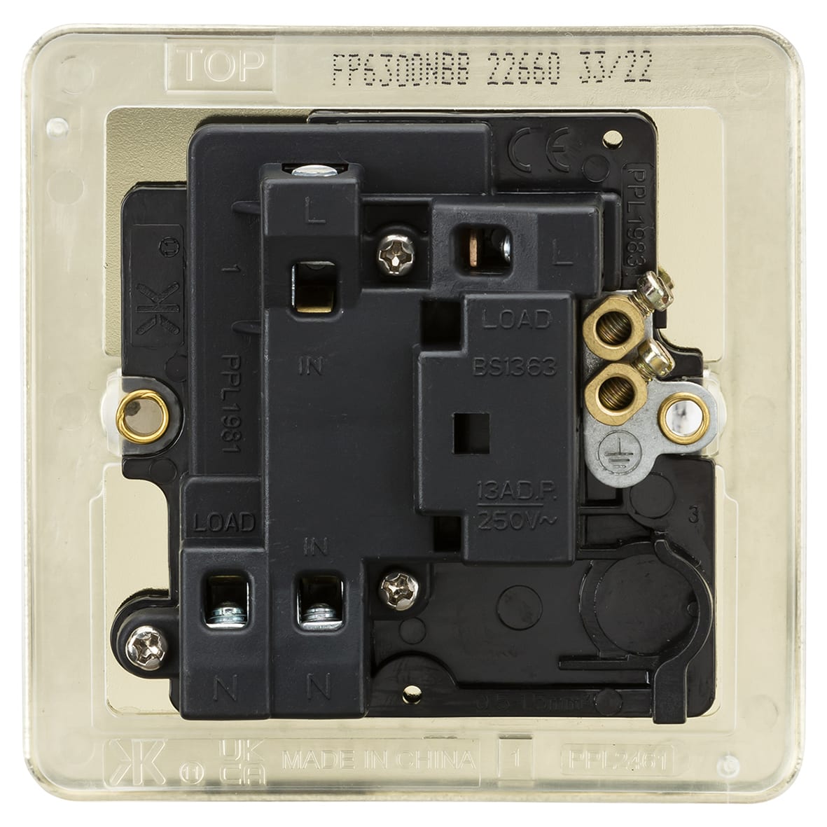 13A 1 Gang Flat Plate Switched Fused Spur with Neon - Brushed Brass - view 4