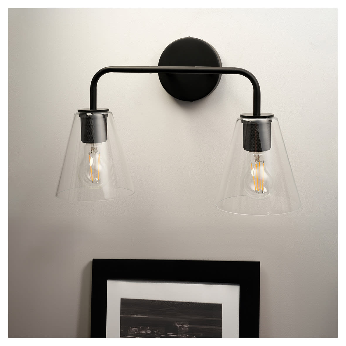 Sabana Knurled 2 Light Indoor Wall Light - Matt Black Fittings & Hooded Clear Glass Shades - view 2