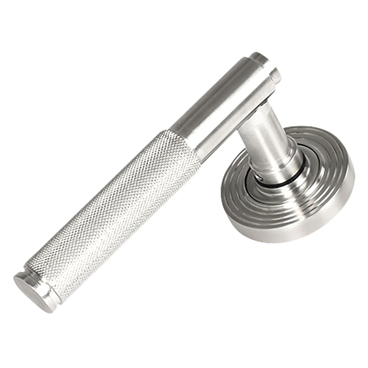 Satin Stainless Steel Knurled Door Handles on Round Beehive Rose - Brompton Range - view 2
