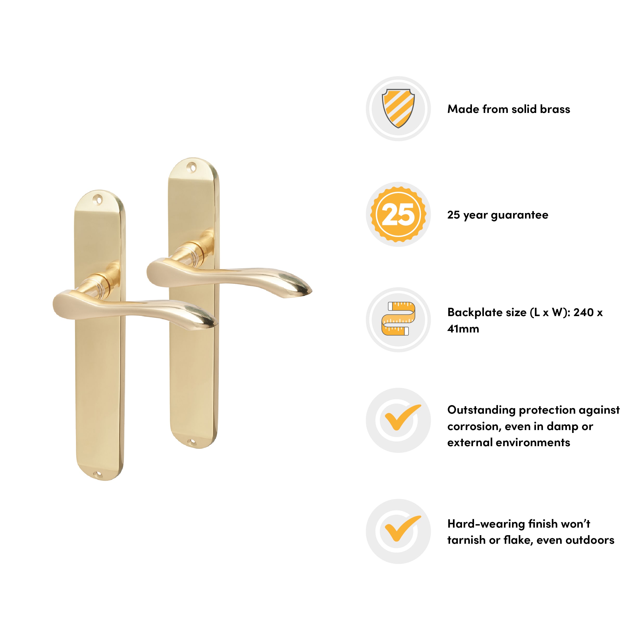 Polished Brass Latch Door Handles - Long Plate - Altea Range - 240 x 41mm - view 3