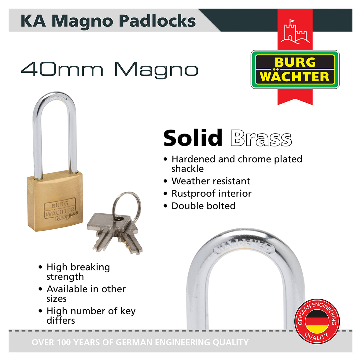 Long Shackle Magno Padlock - 40mm Body - 22 x 65mm Shackle - Keyed Alike - Pack of 5 - view 2
