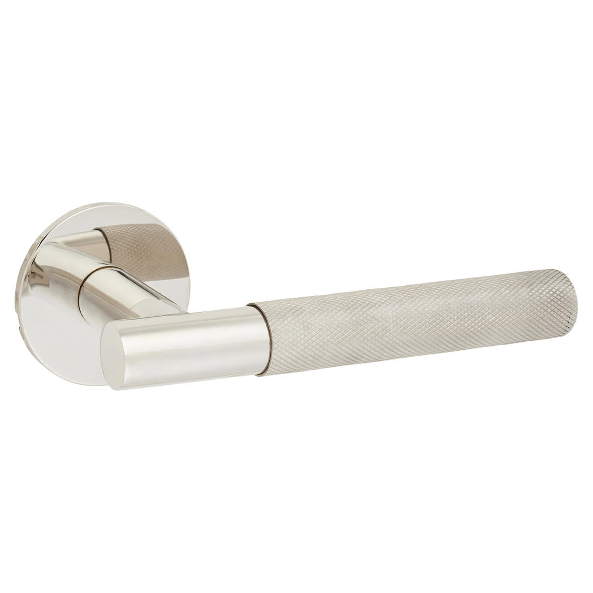 Polished Stainless Steel Knurled Door Handles on Round Slim Rose - Schema Teckna Range - view 3