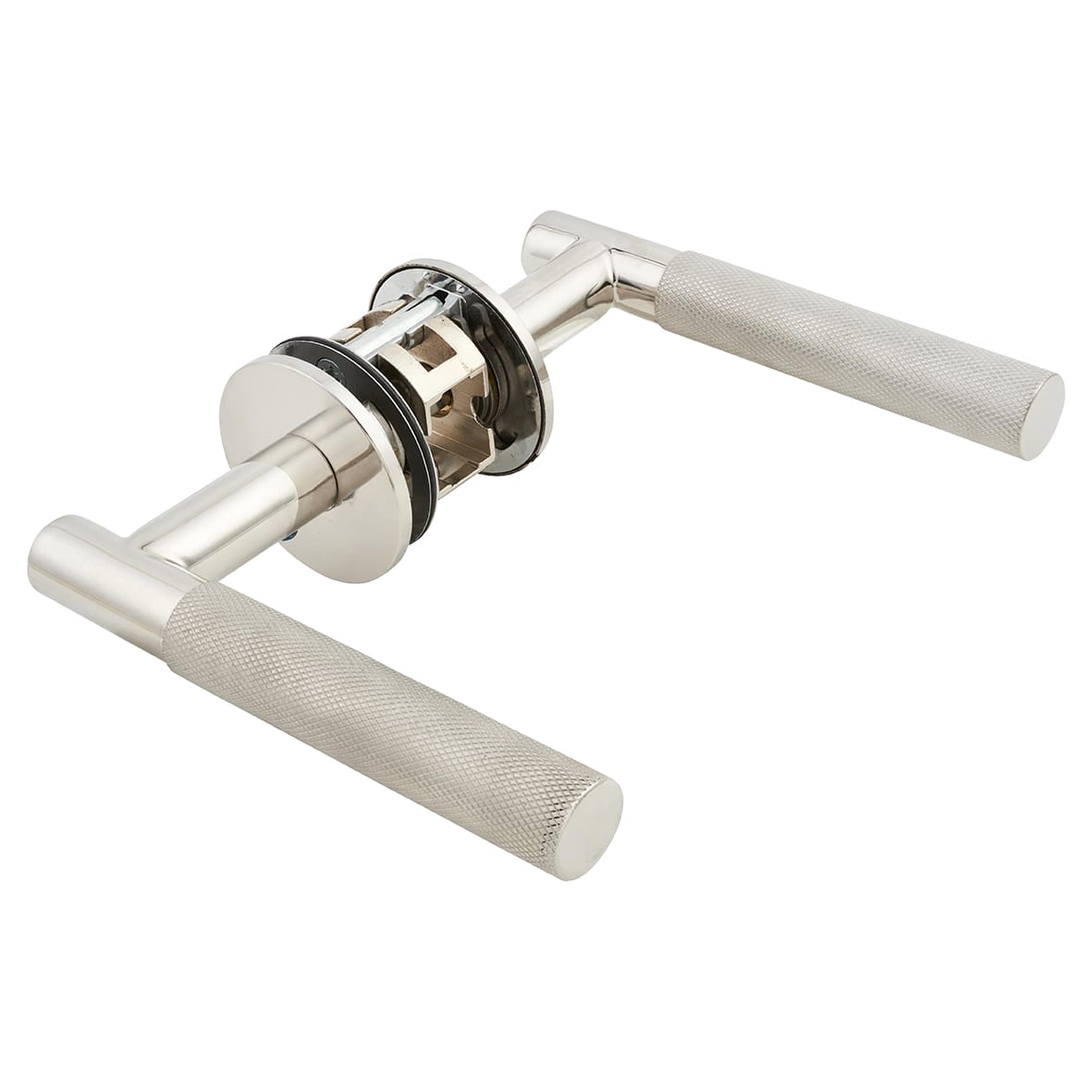 Polished Stainless Steel Knurled Door Handles on Round Slim Rose - Schema Teckna Range - view 4